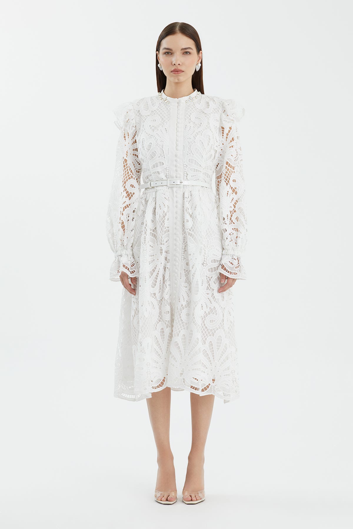 Deri Kemerli Kolları Büzgülü Ekru Midi Elbise