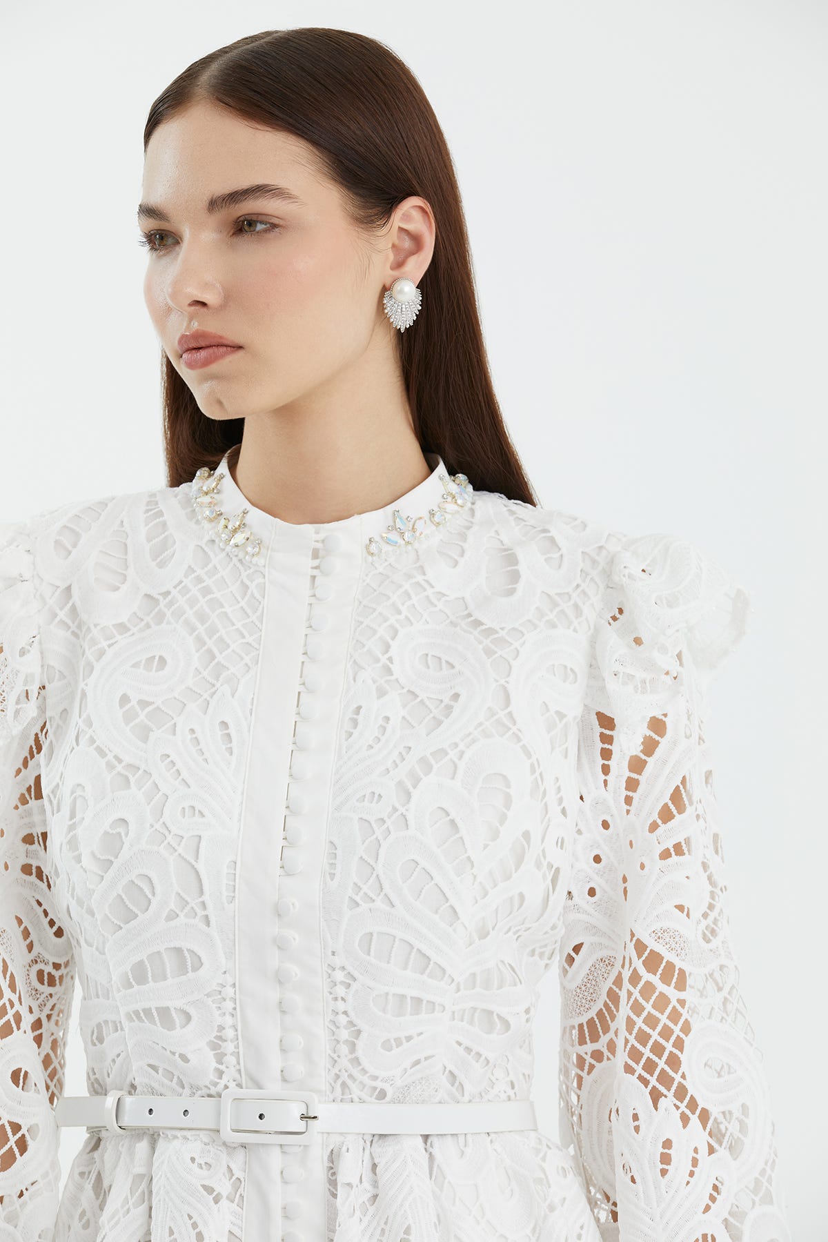 Deri Kemerli Kolları Büzgülü Ekru Midi Elbise