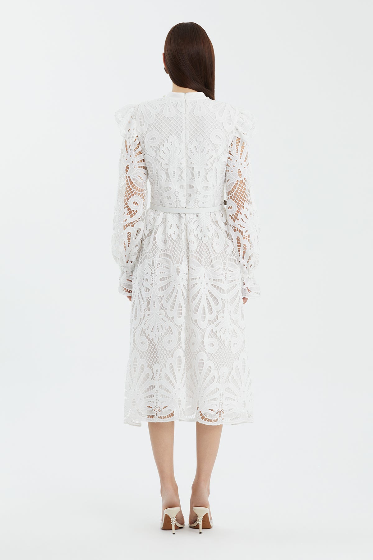 Deri Kemerli Kolları Büzgülü Ekru Midi Elbise