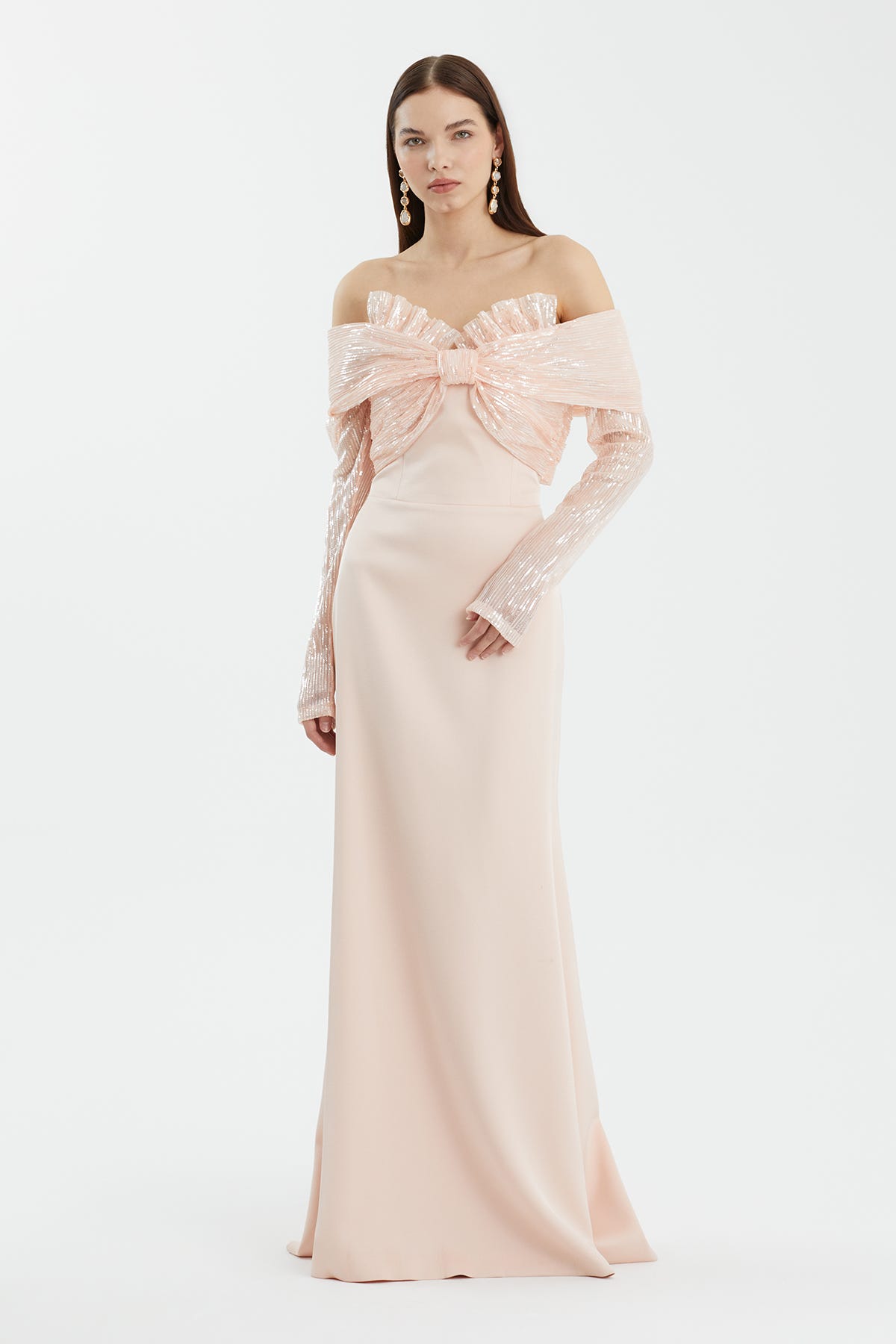 Kayık Yaka Pembe Abiye Elbise