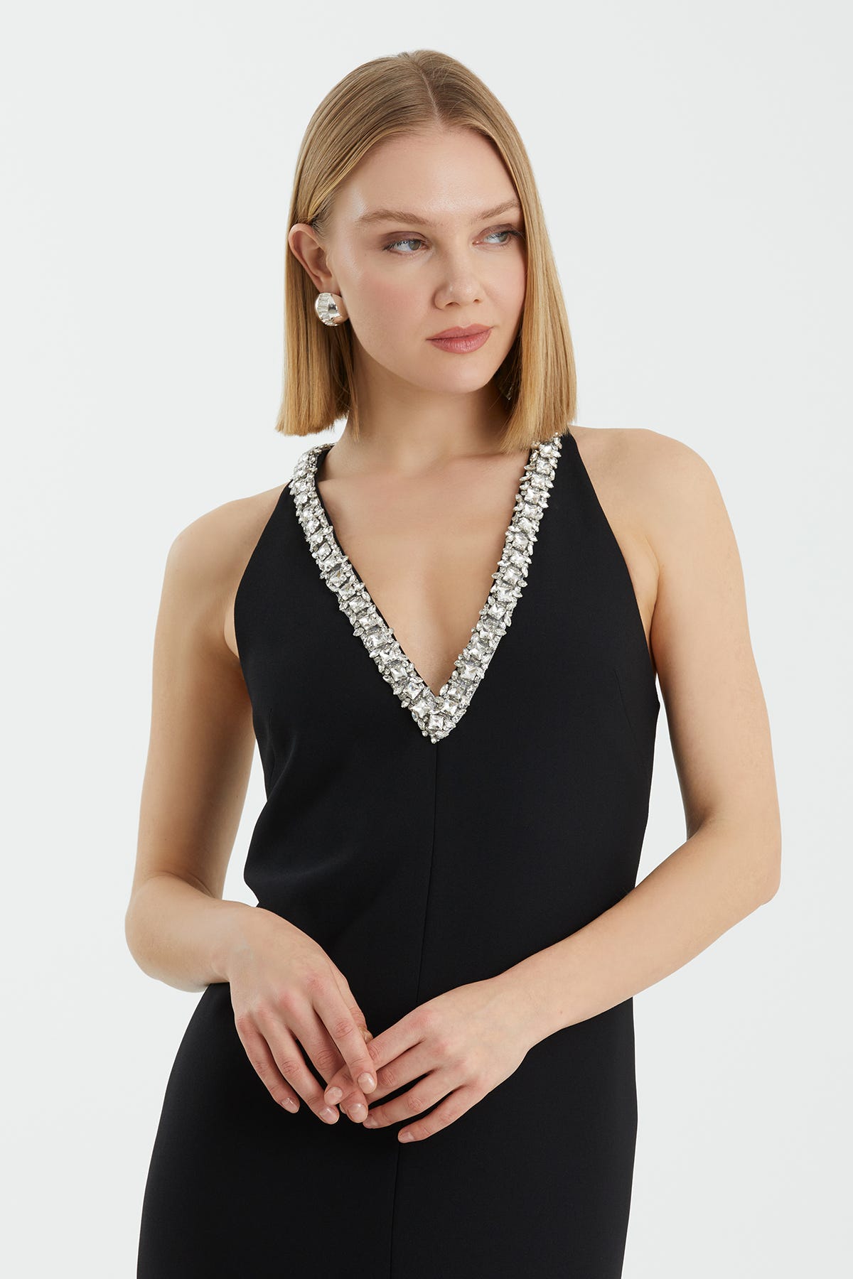 İşleme Detaylı Maxi Boy Siyah Elbise