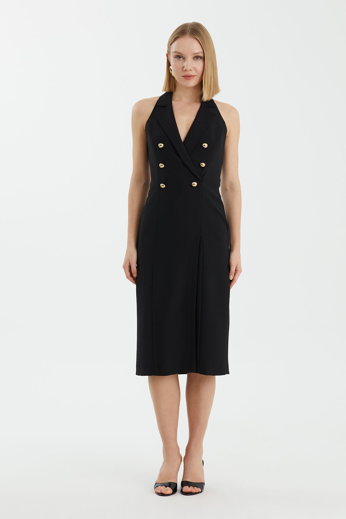 Derin V Yakalı Düğmeli Siyah Kısa Elbise