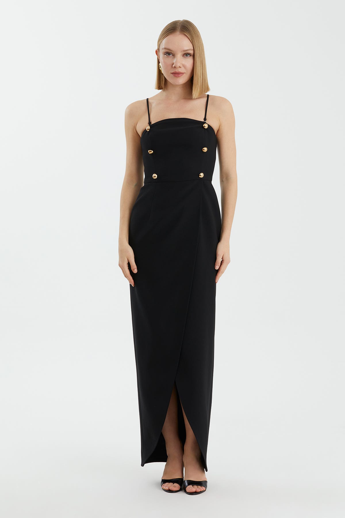 Gold Düğmeli Askılı Siyah Uzun Elbise