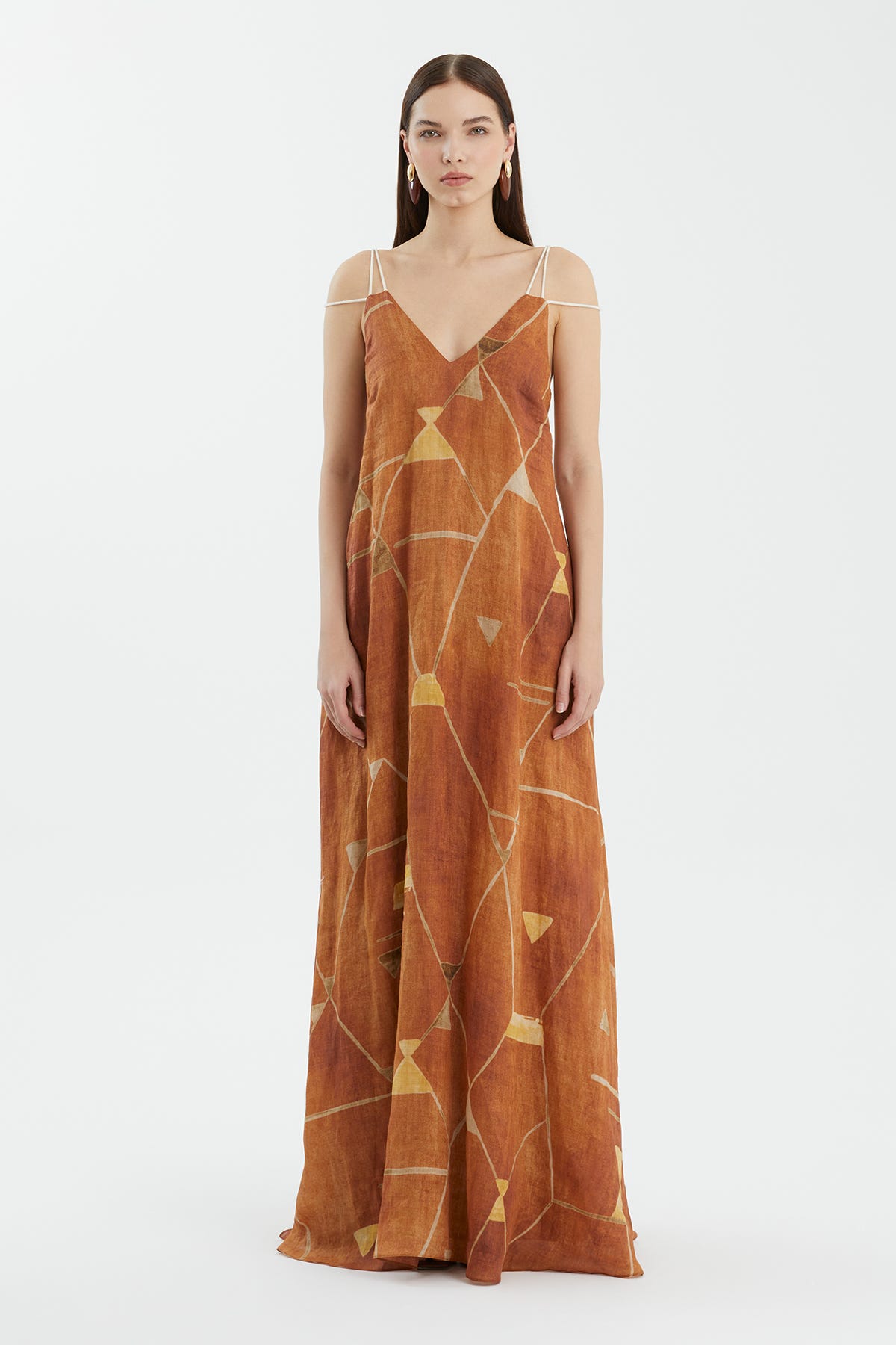 Askılı Desenli Bol Kahverengi Elbise