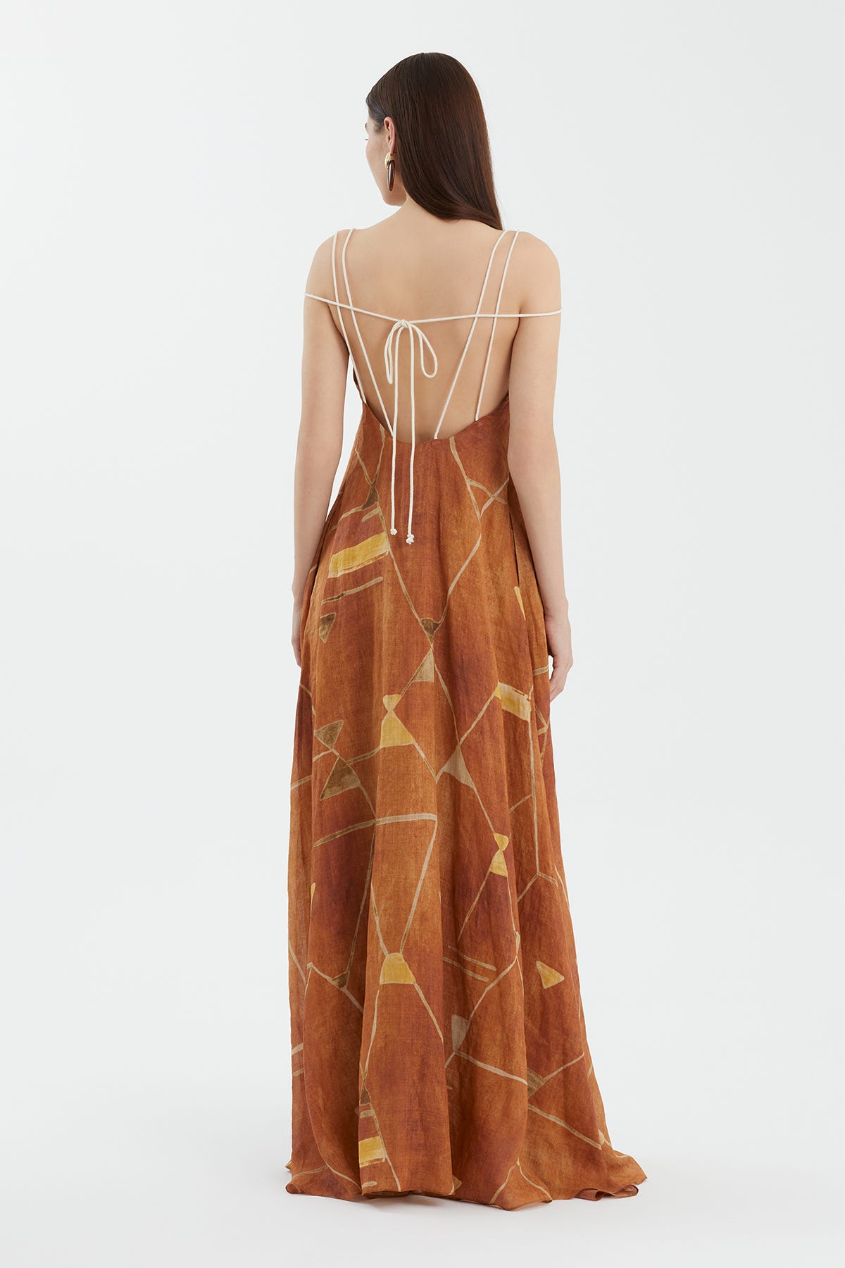 Askılı Desenli Bol Kahverengi Elbise