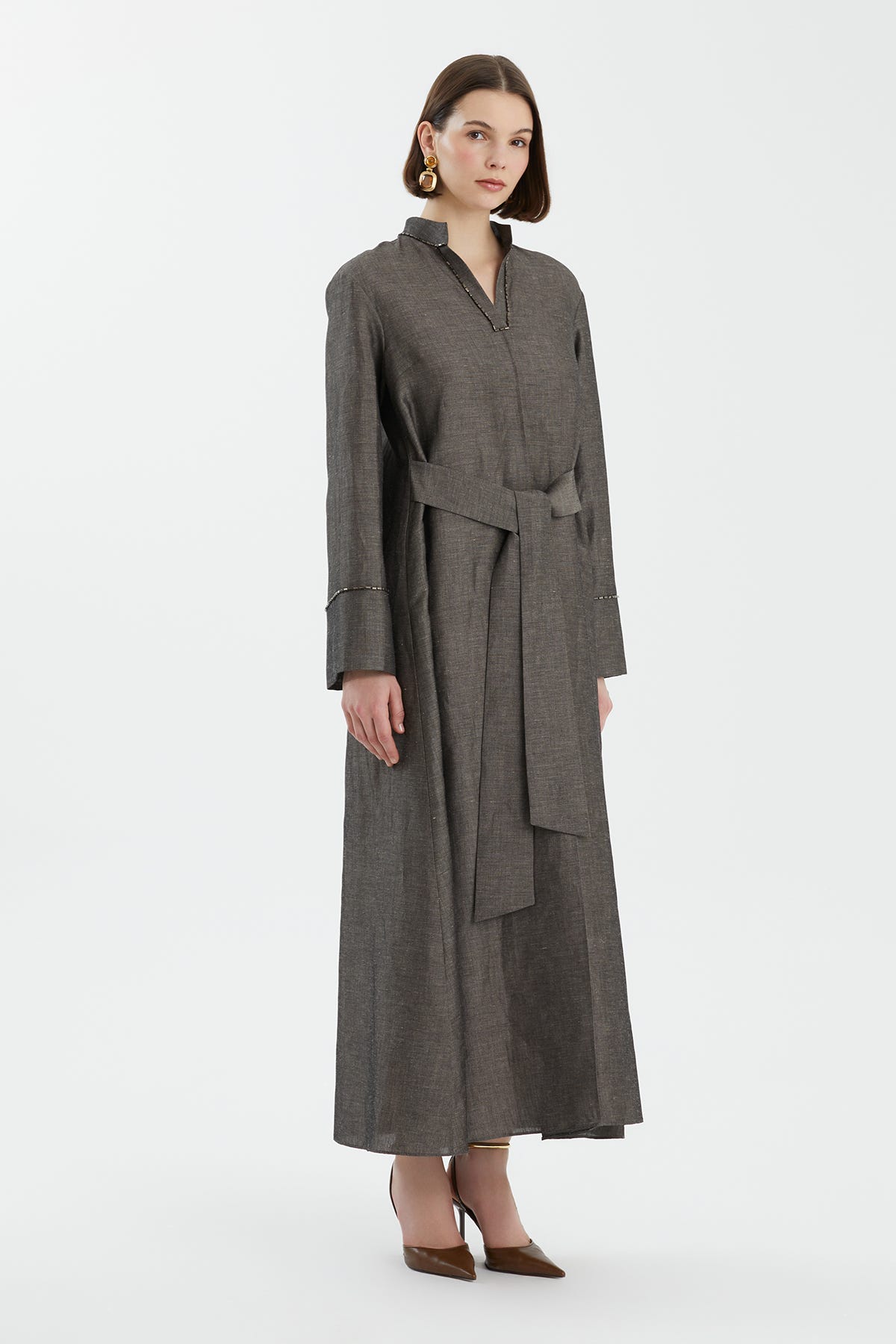 İşleme Detaylı Keten Gri Elbise