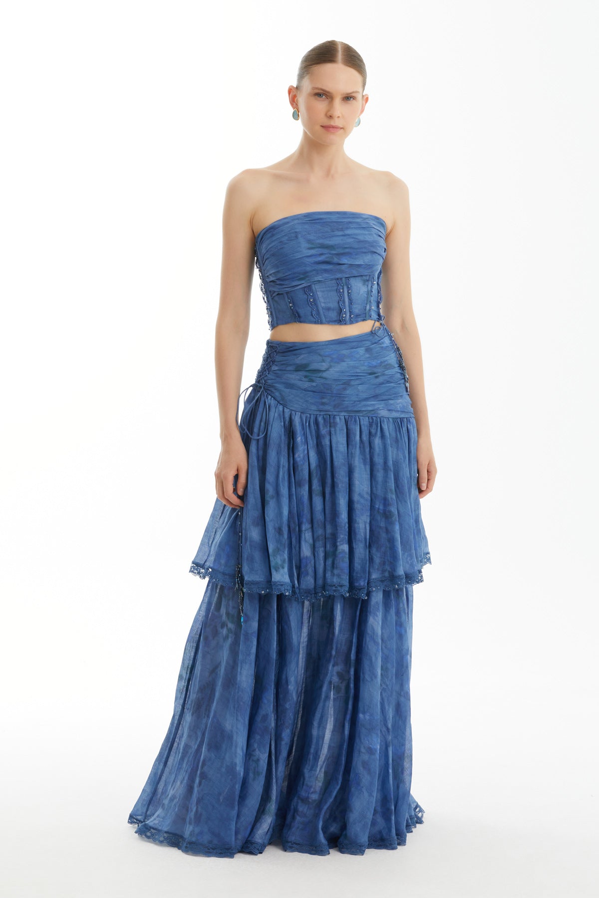 Drape Detaylı Bağcıklı Straplez Mavi Bluz