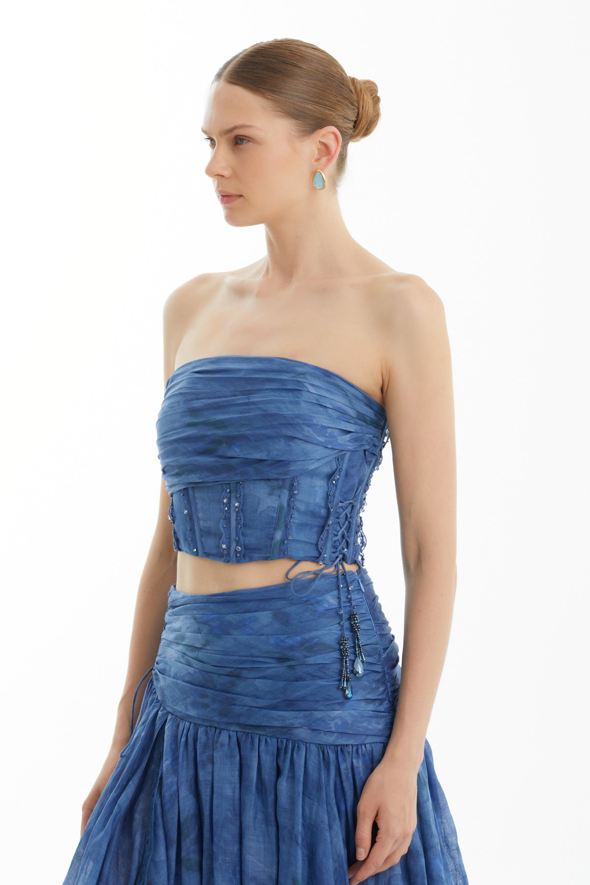 Drape Detaylı Bağcıklı Straplez Mavi Bluz