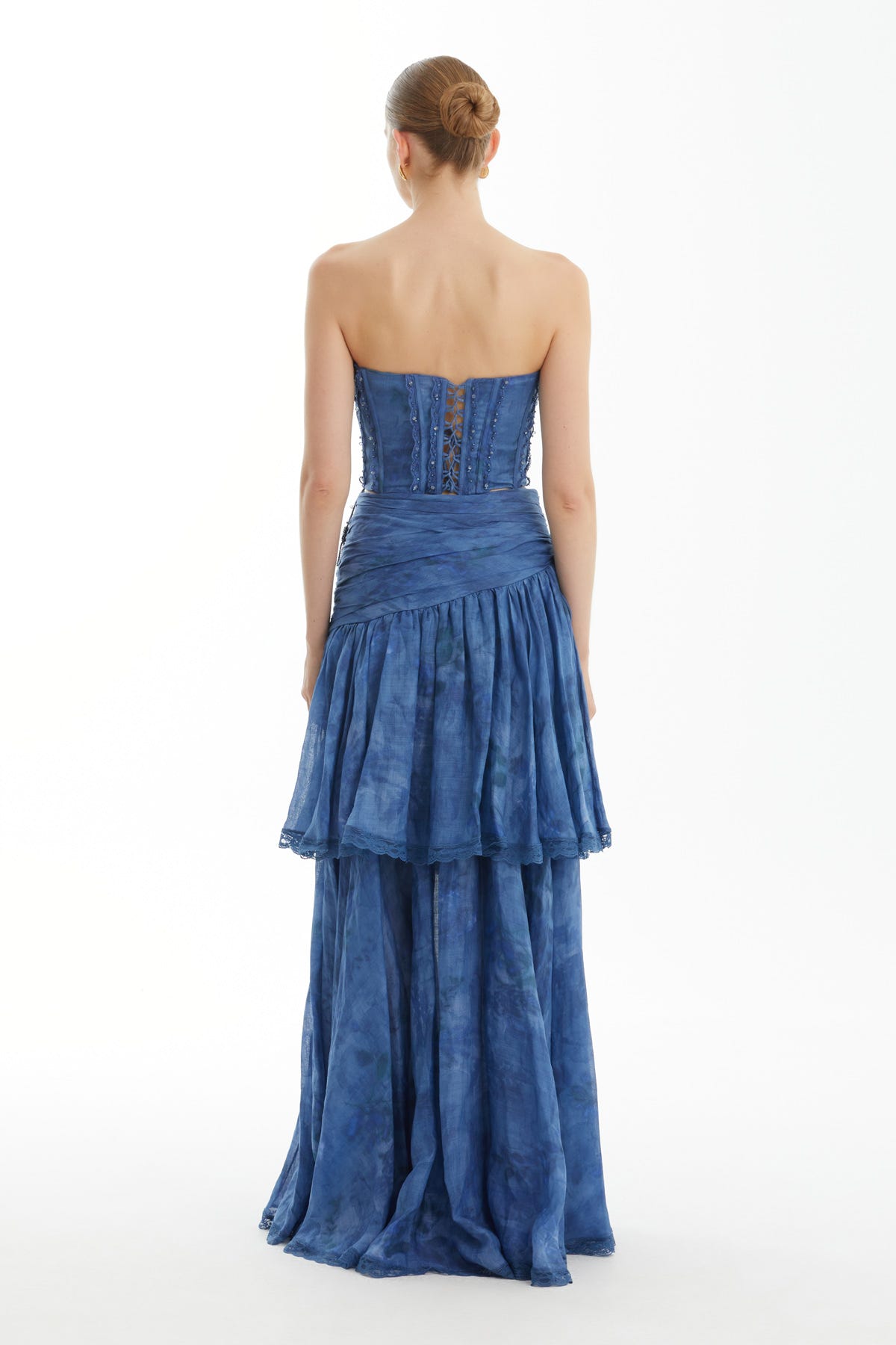 Drape Detaylı Bağcıklı Straplez Mavi Bluz