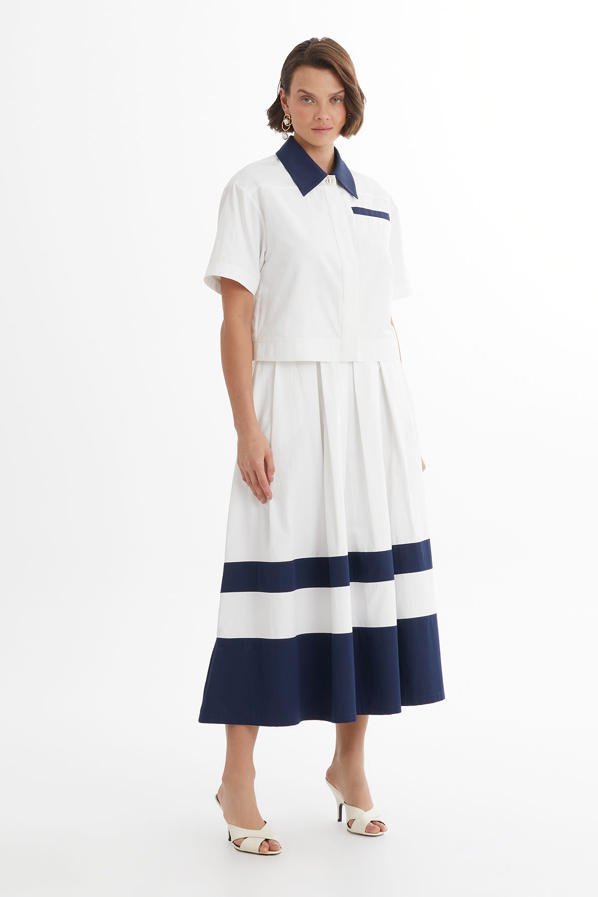 Kontrast Şeritli Midi Ekru Takım