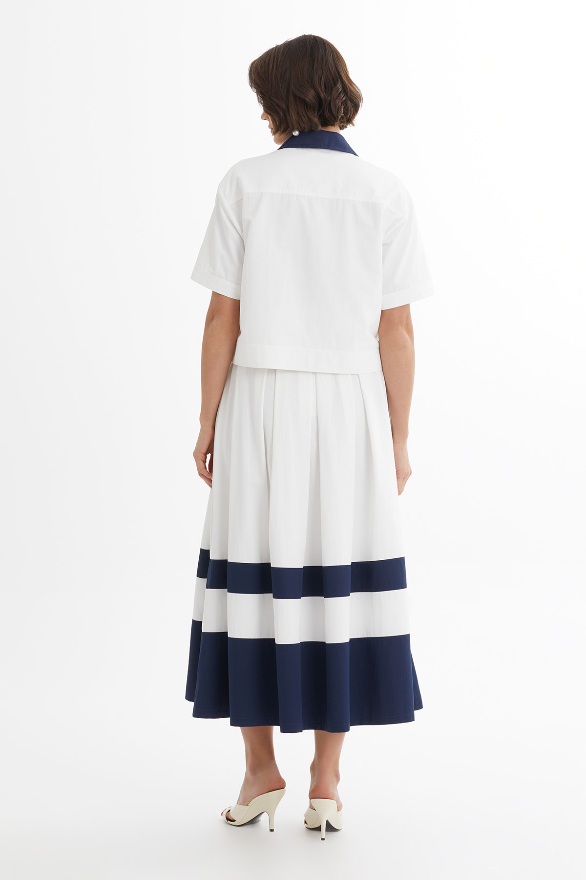 Kontrast Şeritli Midi Ekru Takım