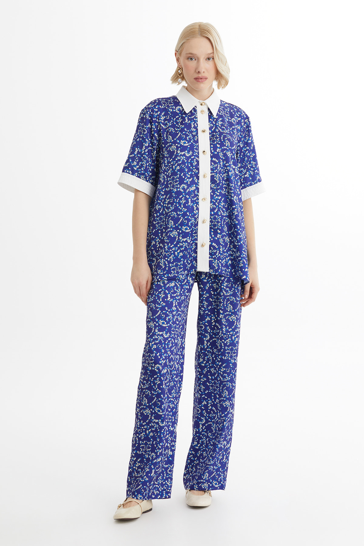 Desenli Beli Lastikli Mavi Takım