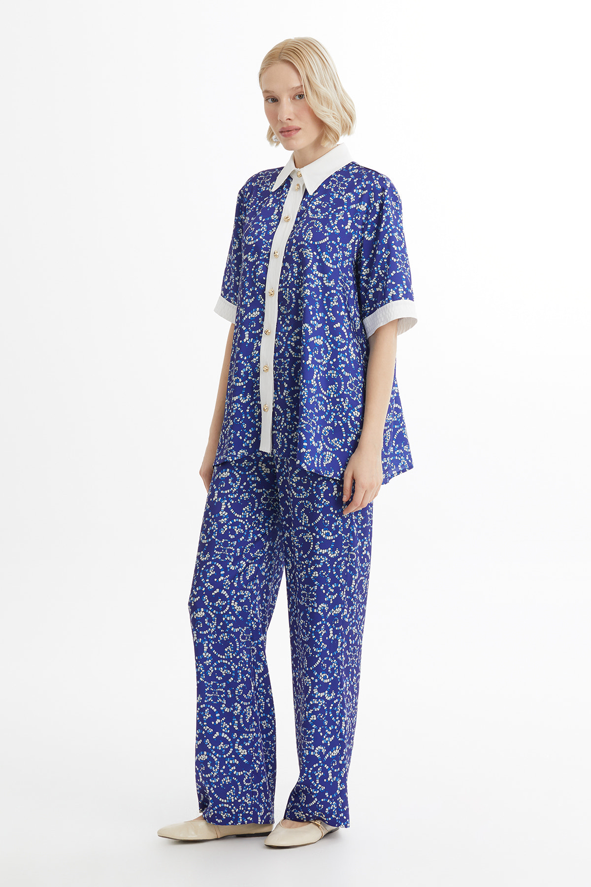 Desenli Beli Lastikli Mavi Takım