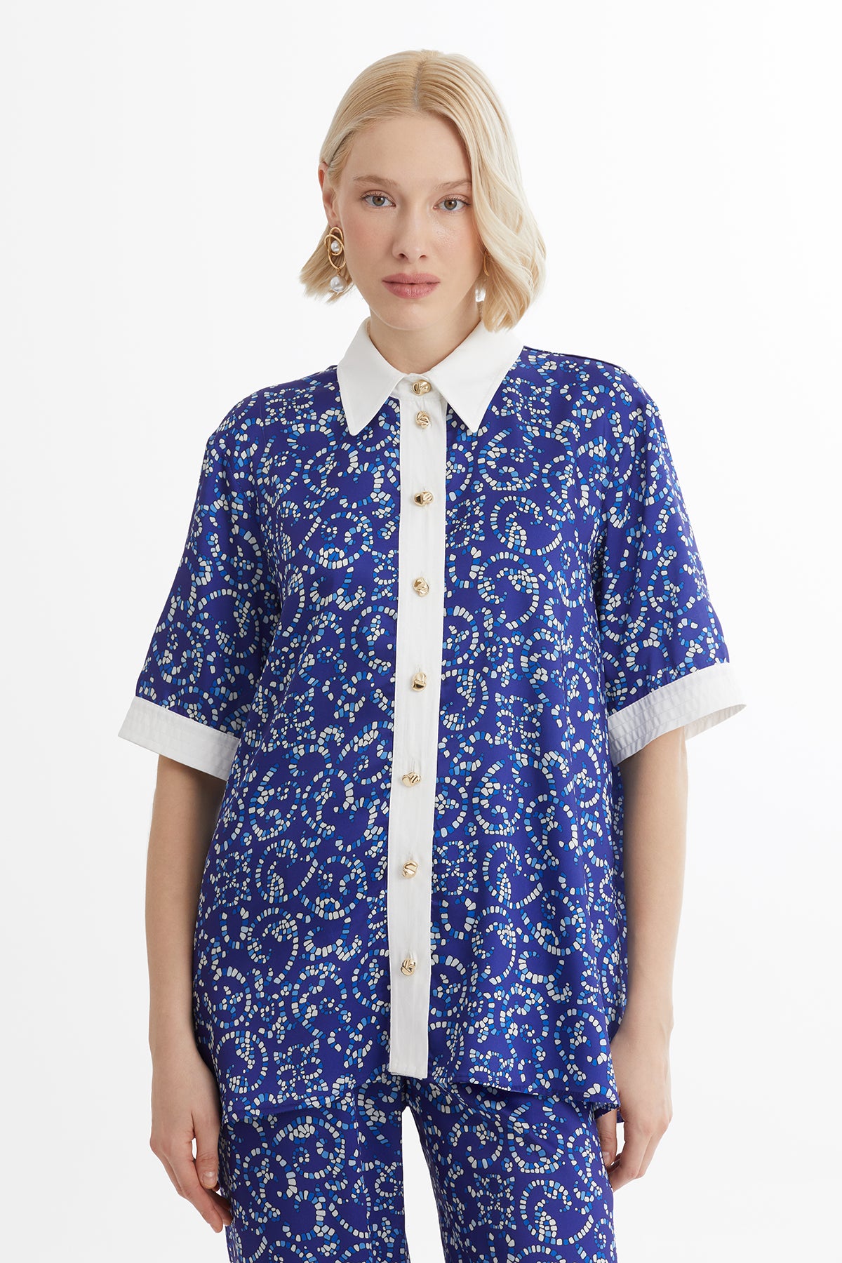 Desenli Beli Lastikli Mavi Takım