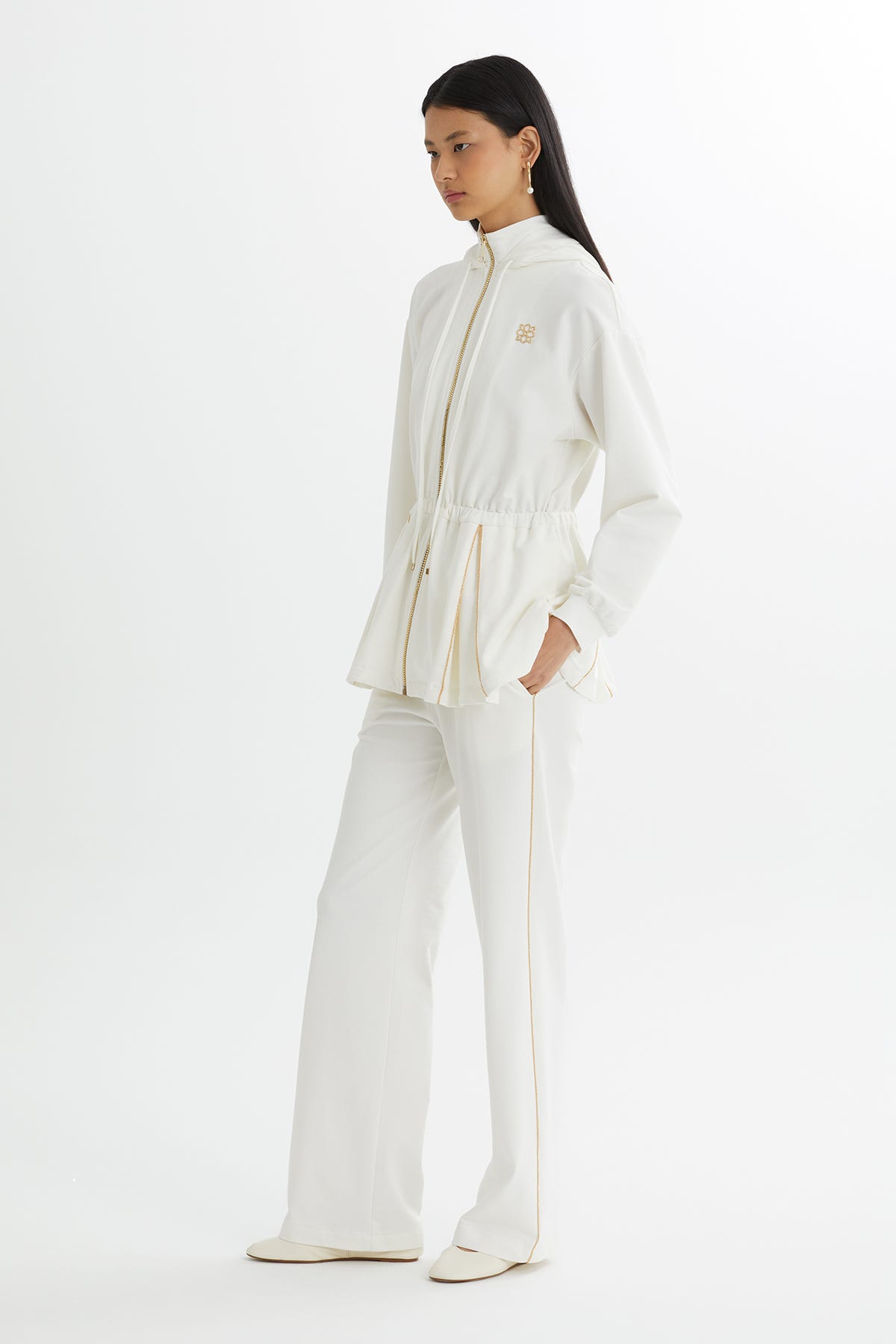 Kapüşonlu Beli Büzgülü Ekru Eşofman Takımı