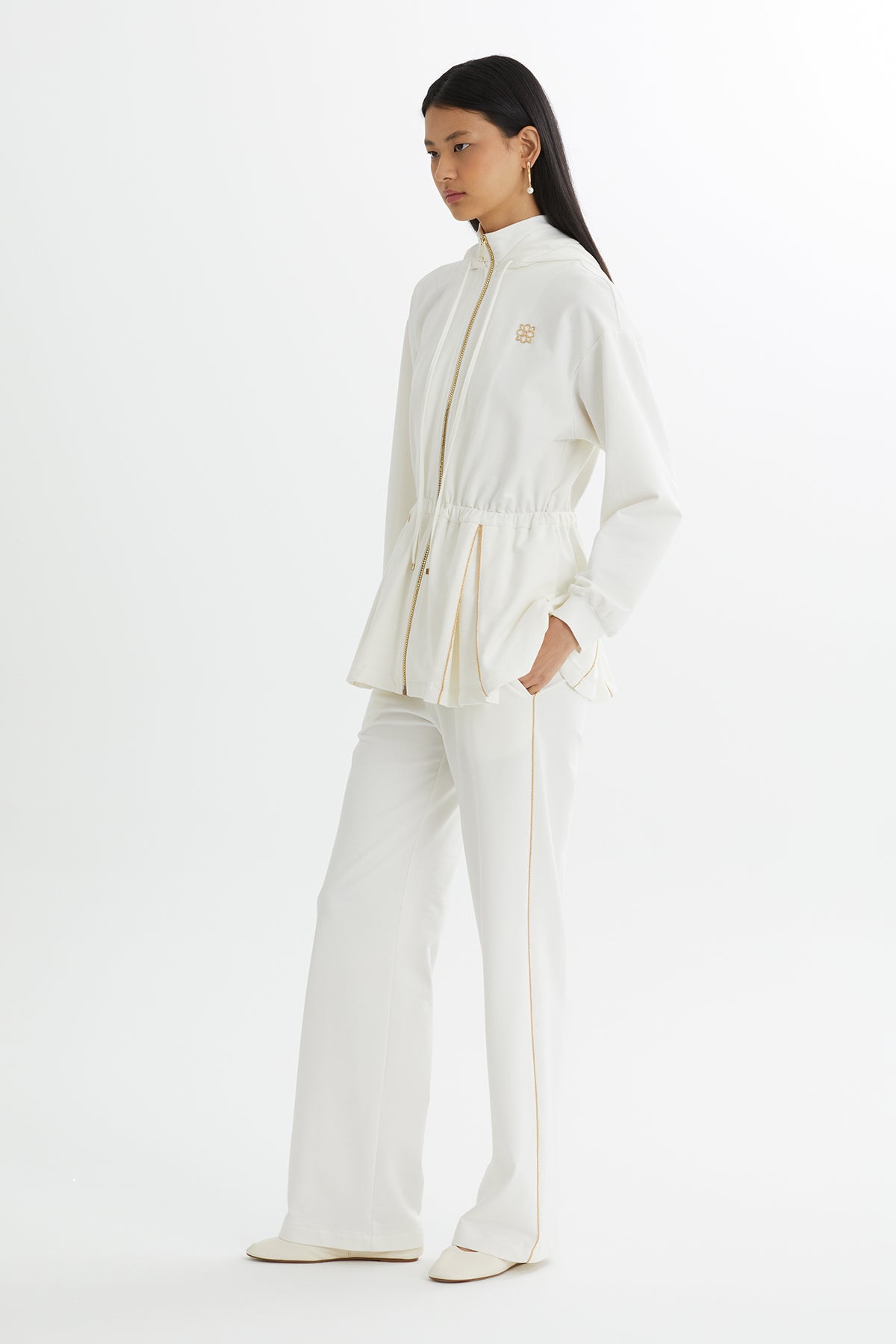 Kapüşonlu Beli Büzgülü Ekru Eşofman Takımı