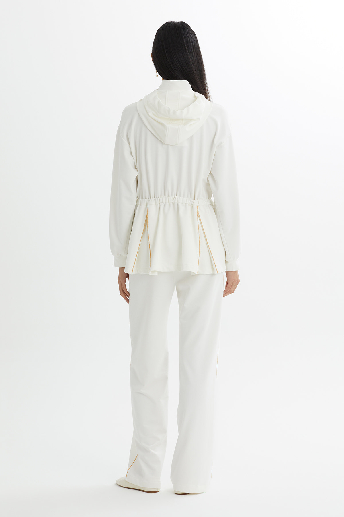 Kapüşonlu Beli Büzgülü Ekru Eşofman Takımı