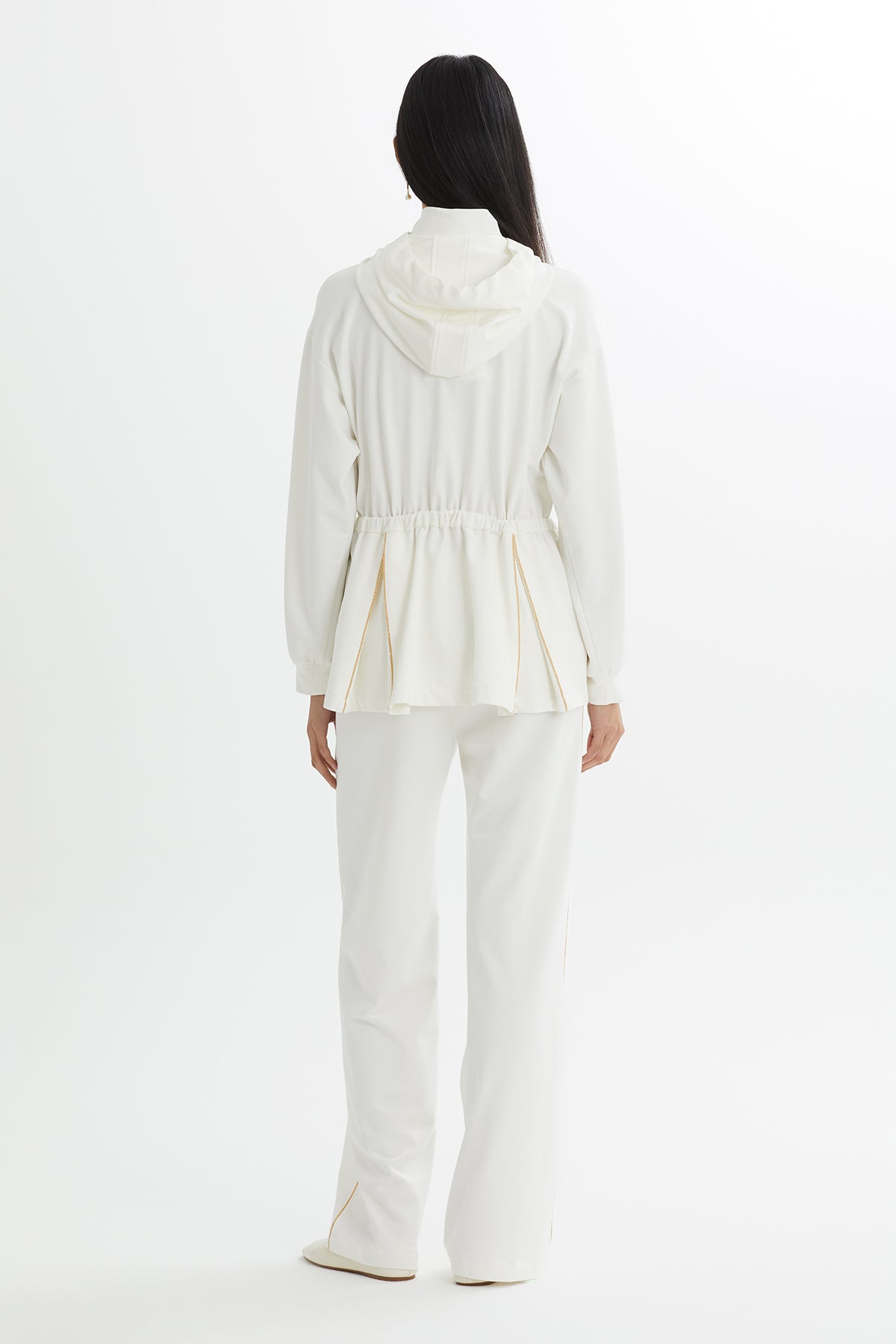 Kapüşonlu Beli Büzgülü Ekru Eşofman Takımı