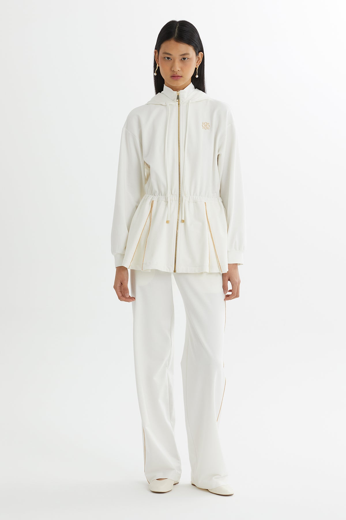 Kapüşonlu Beli Büzgülü Ekru Eşofman Takımı