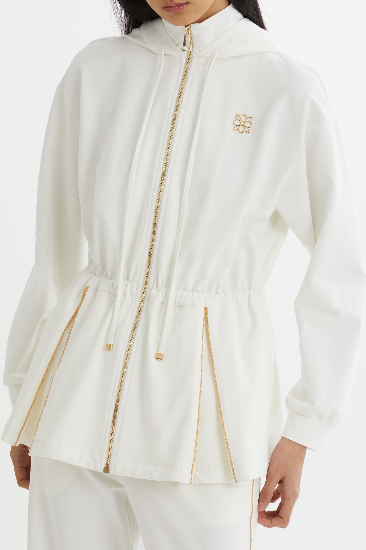 Kapüşonlu Beli Büzgülü Ekru Eşofman Takımı