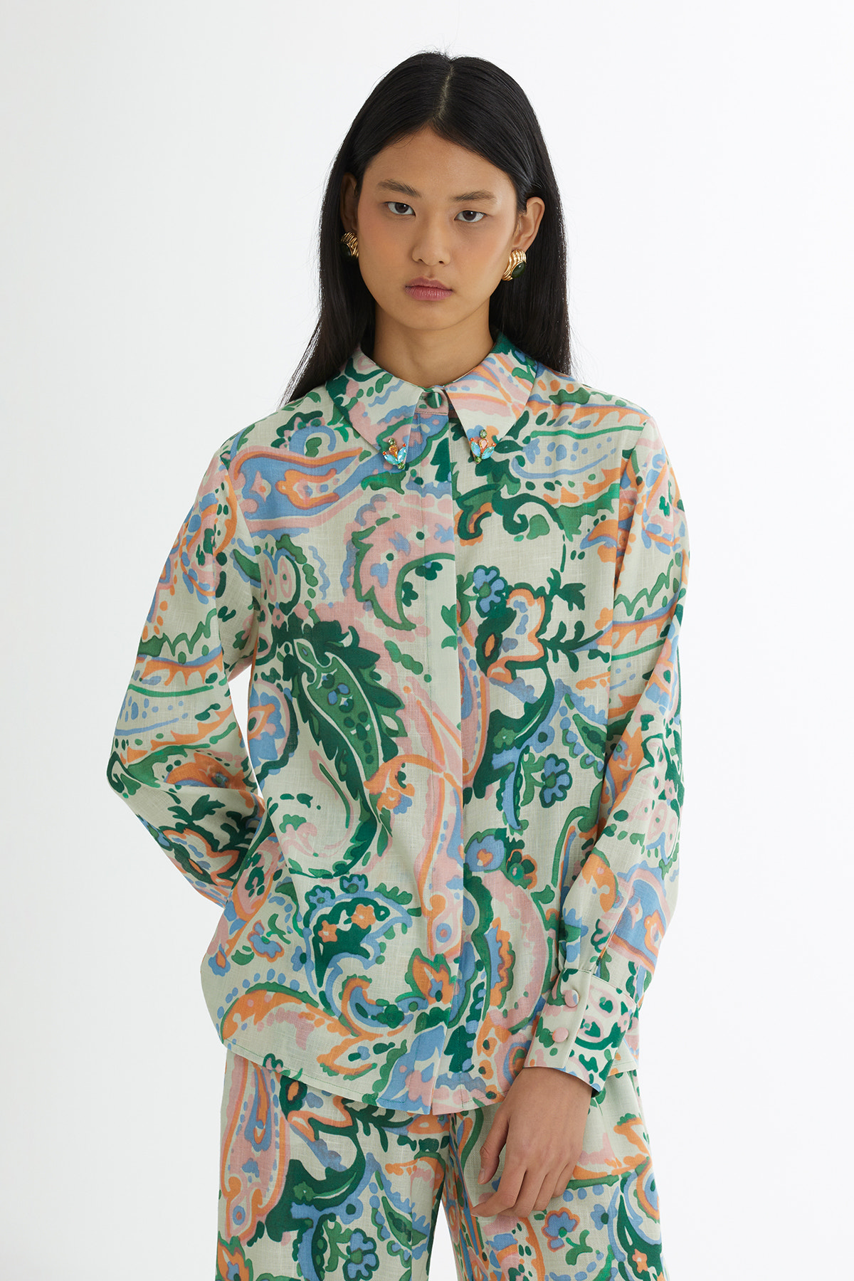 İşlemeli Desenli Gömlek Ve Pantolonlu Takım