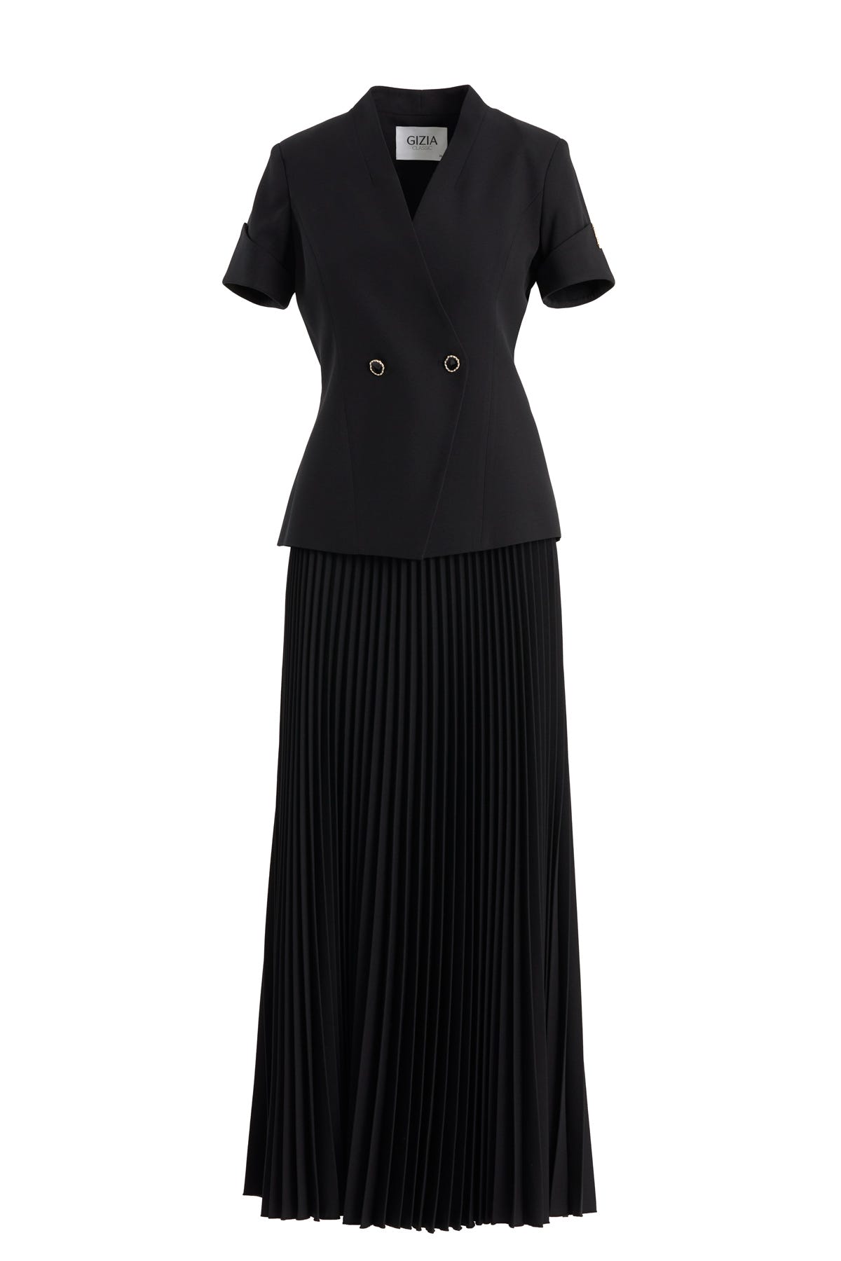 Kısa Kollu Ceket Ve Piliseli Etekli Siyah Takım