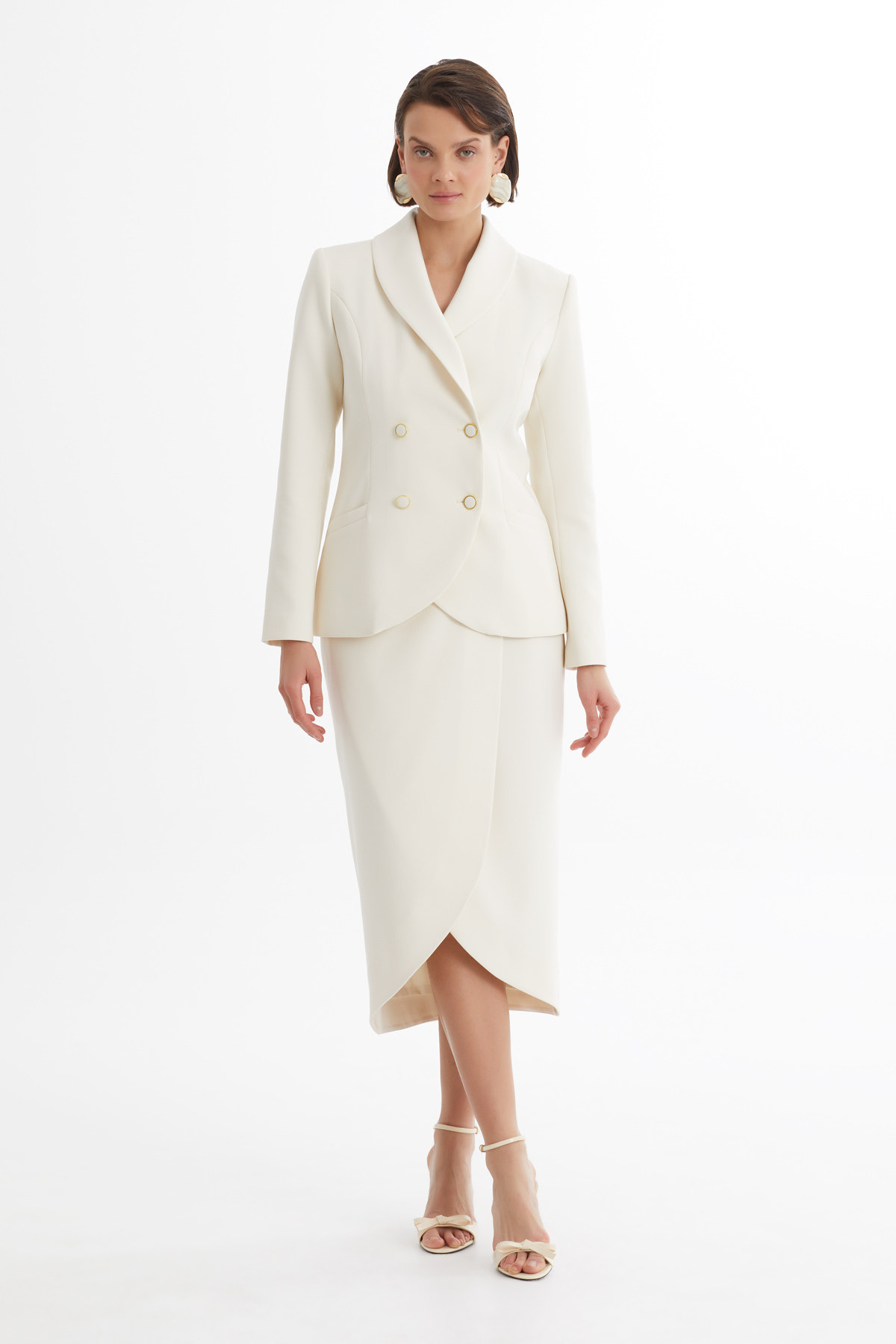 Kruvaze Ceket Ve Asimetrik Etek Ekru Takım