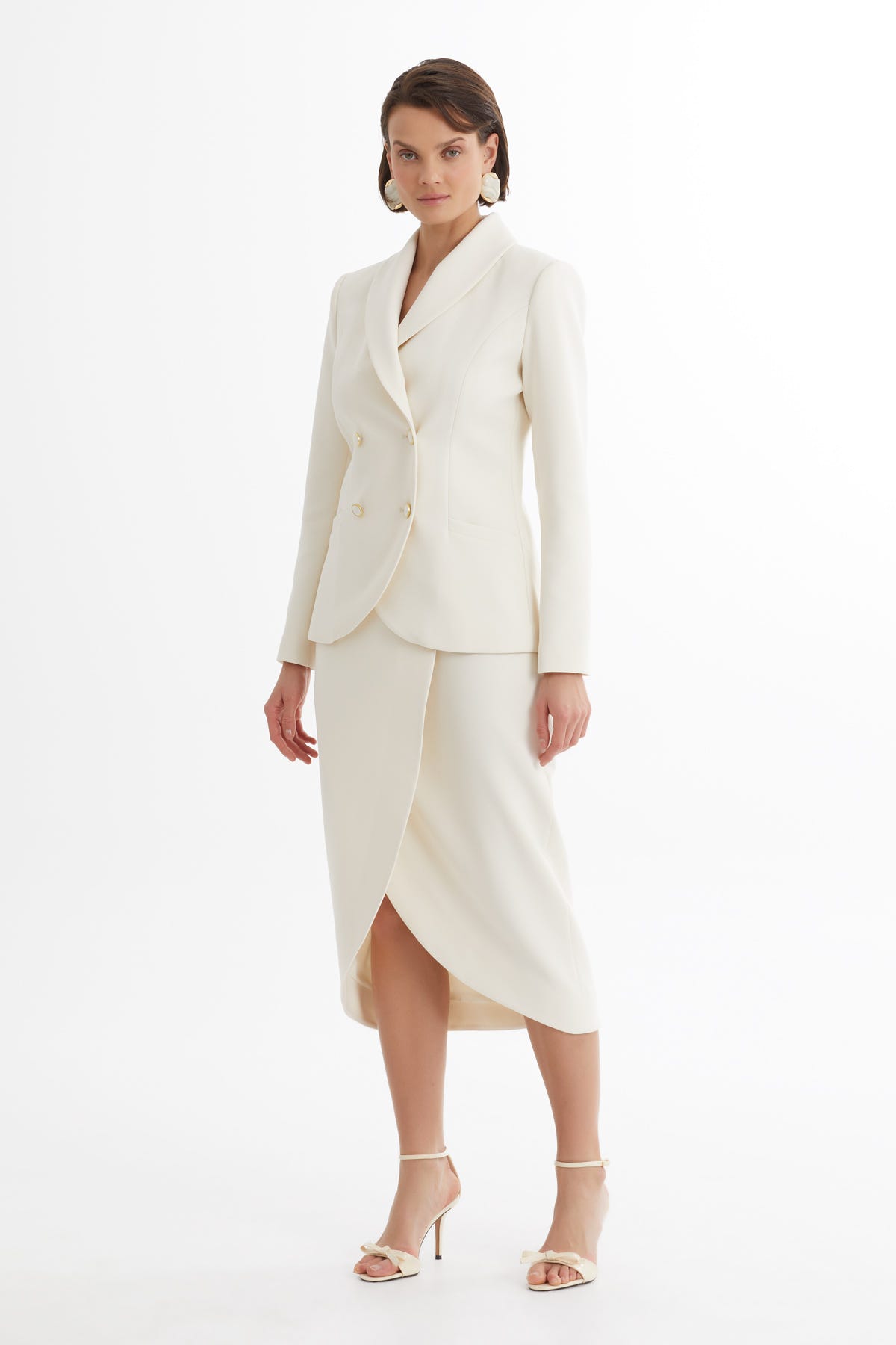 Kruvaze Ceket Ve Asimetrik Etek Ekru Takım