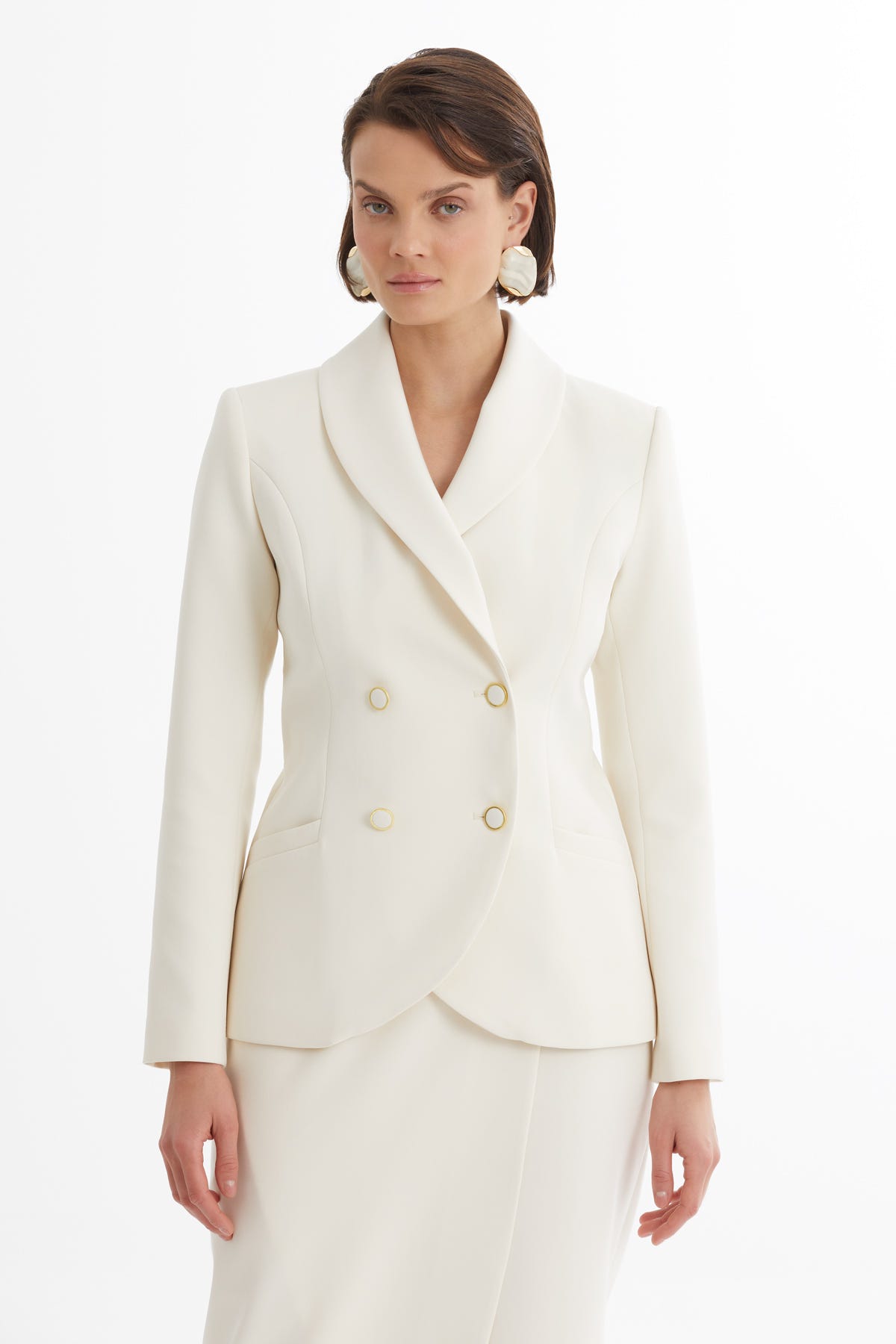 Kruvaze Ceket Ve Asimetrik Etek Ekru Takım