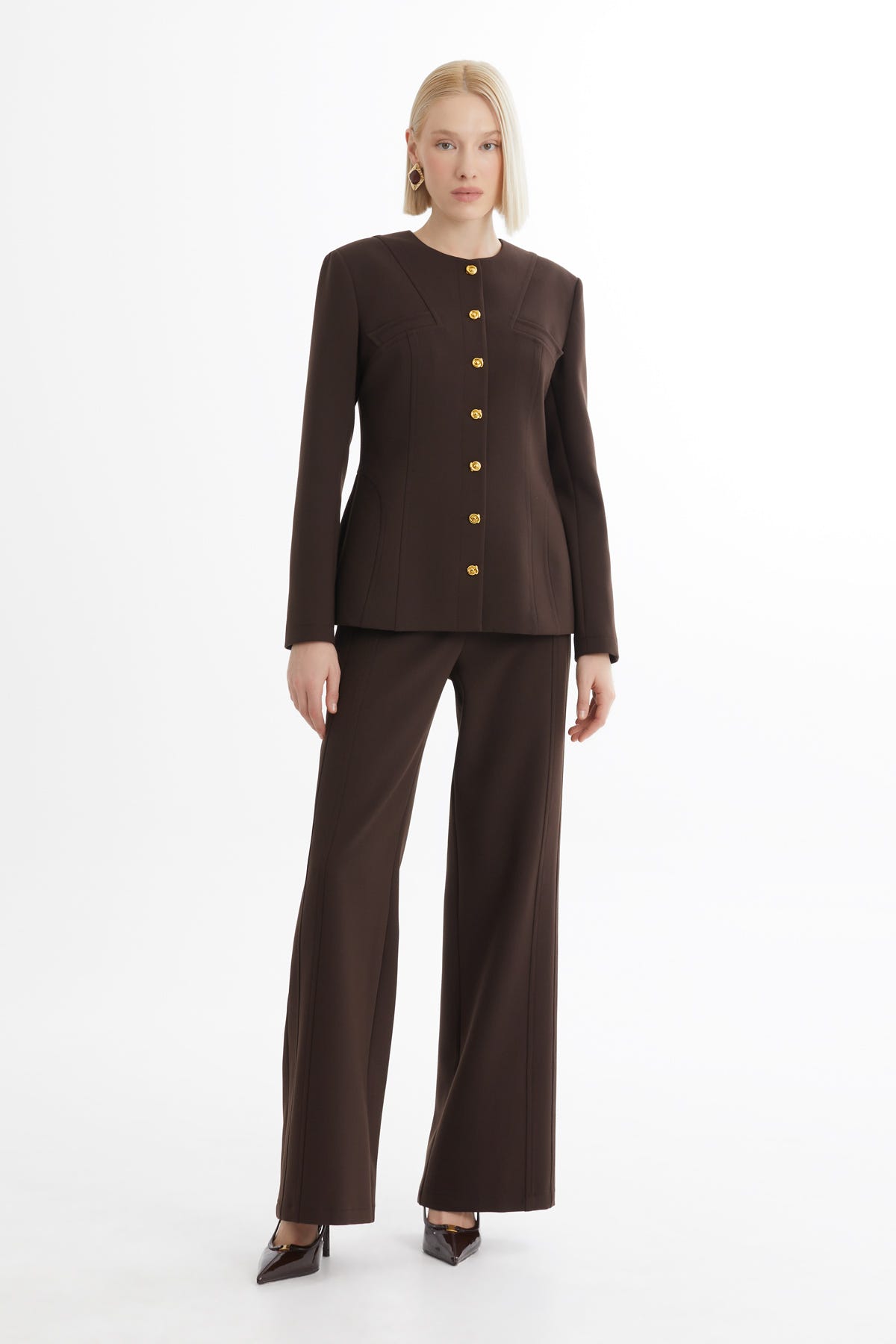 Bisiklet Yaka Ceket Ve Pantolonlu Kahverengi Takım