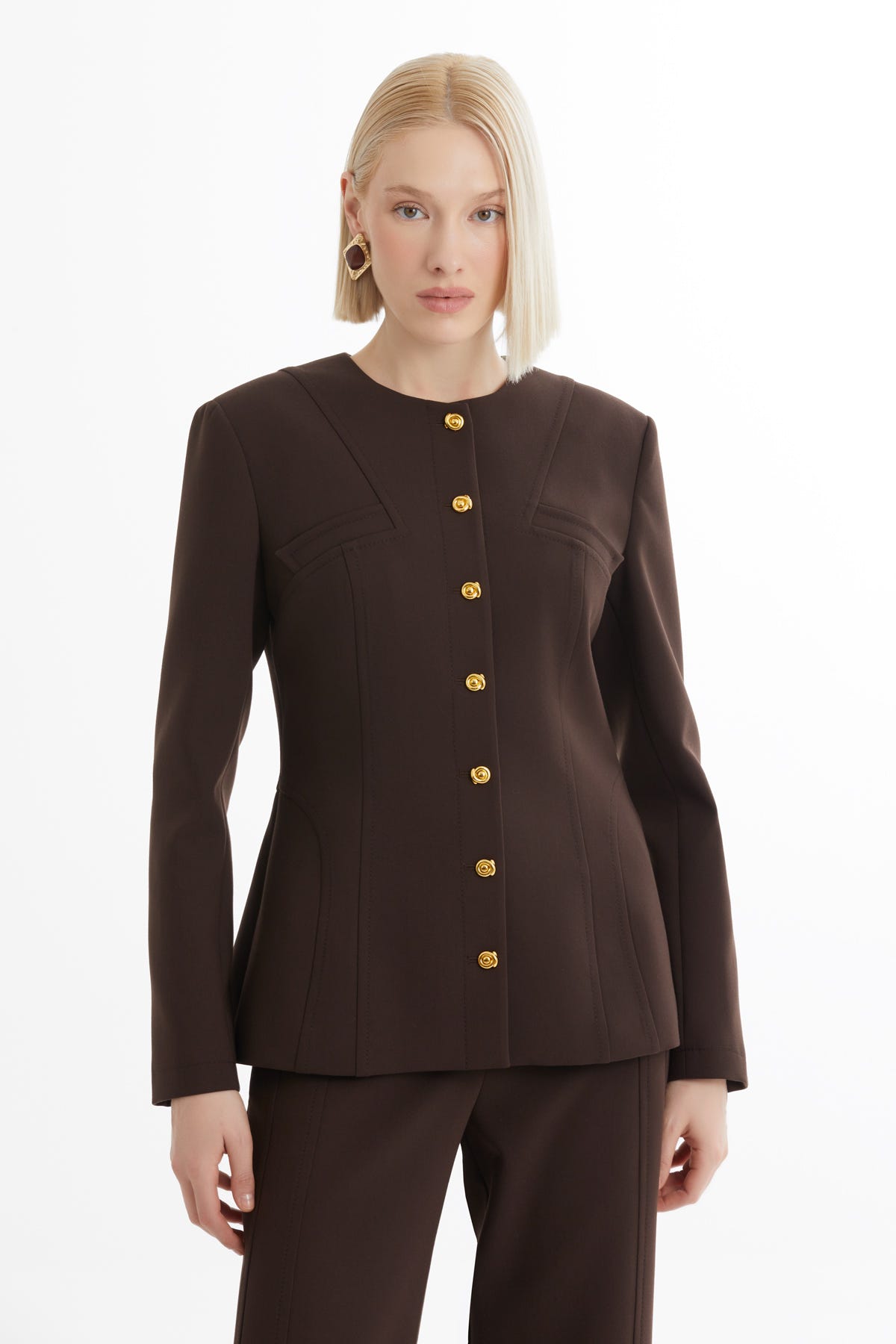 Bisiklet Yaka Ceket Ve Pantolonlu Kahverengi Takım