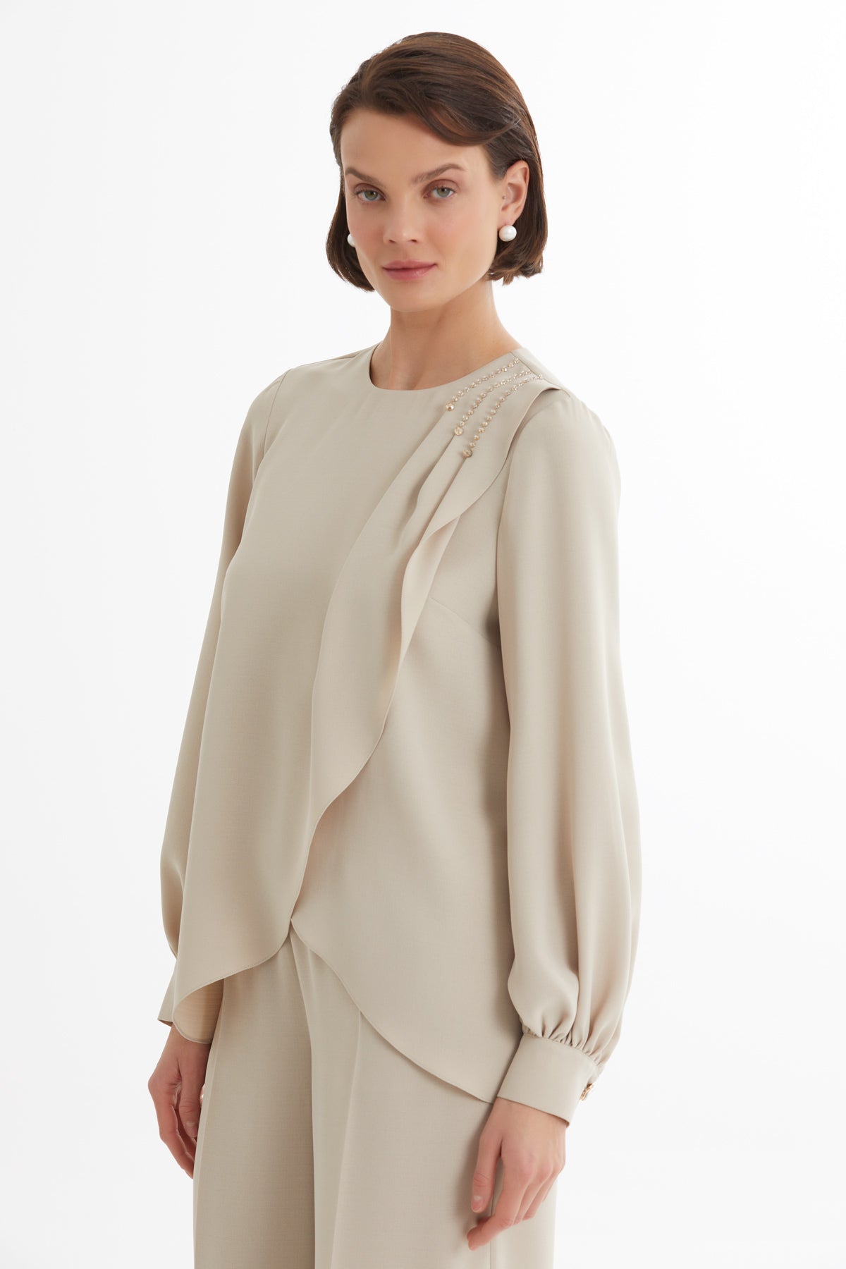 Bej Asimetrik Bluz Pantolon Takım