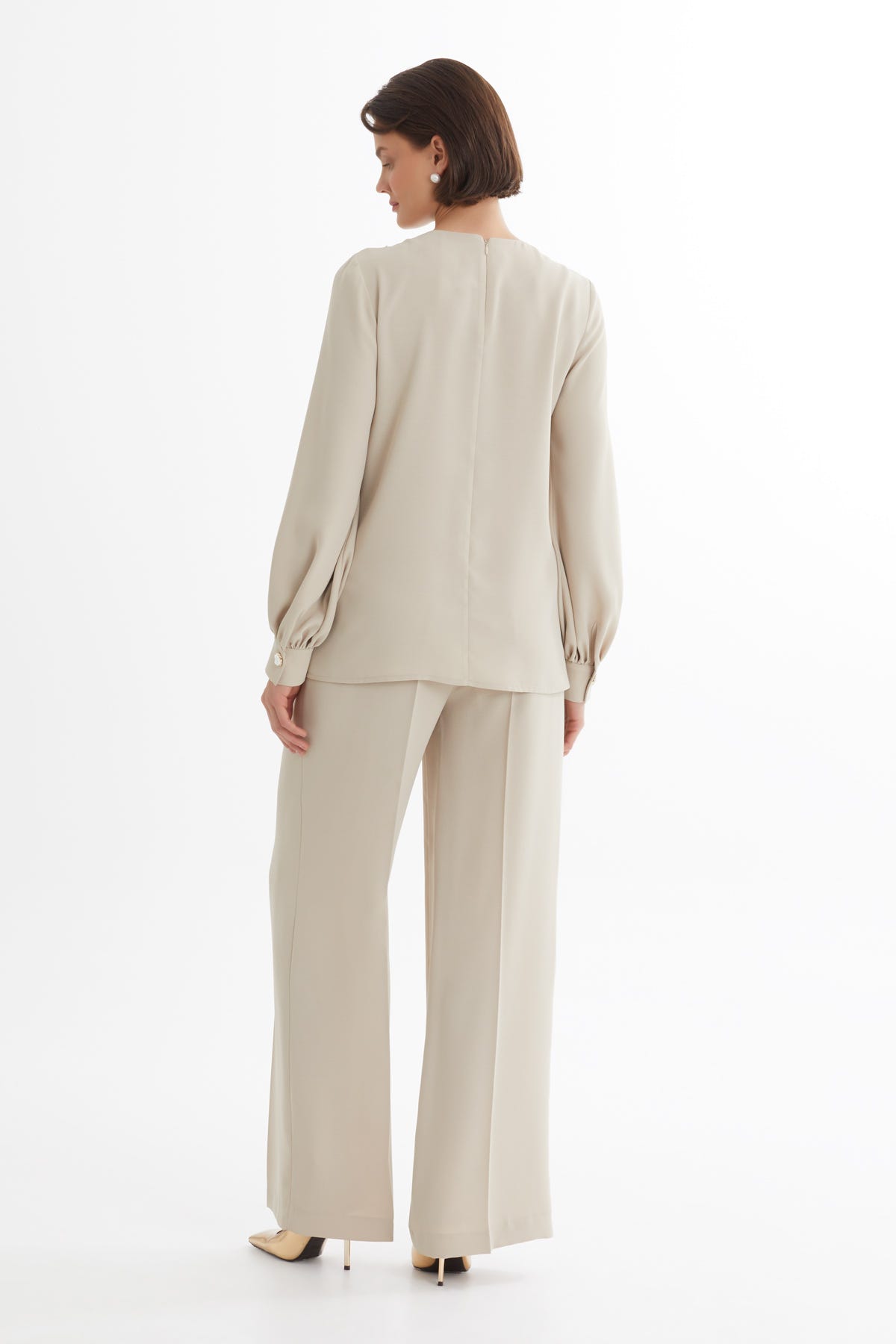 Bej Asimetrik Bluz Pantolon Takım