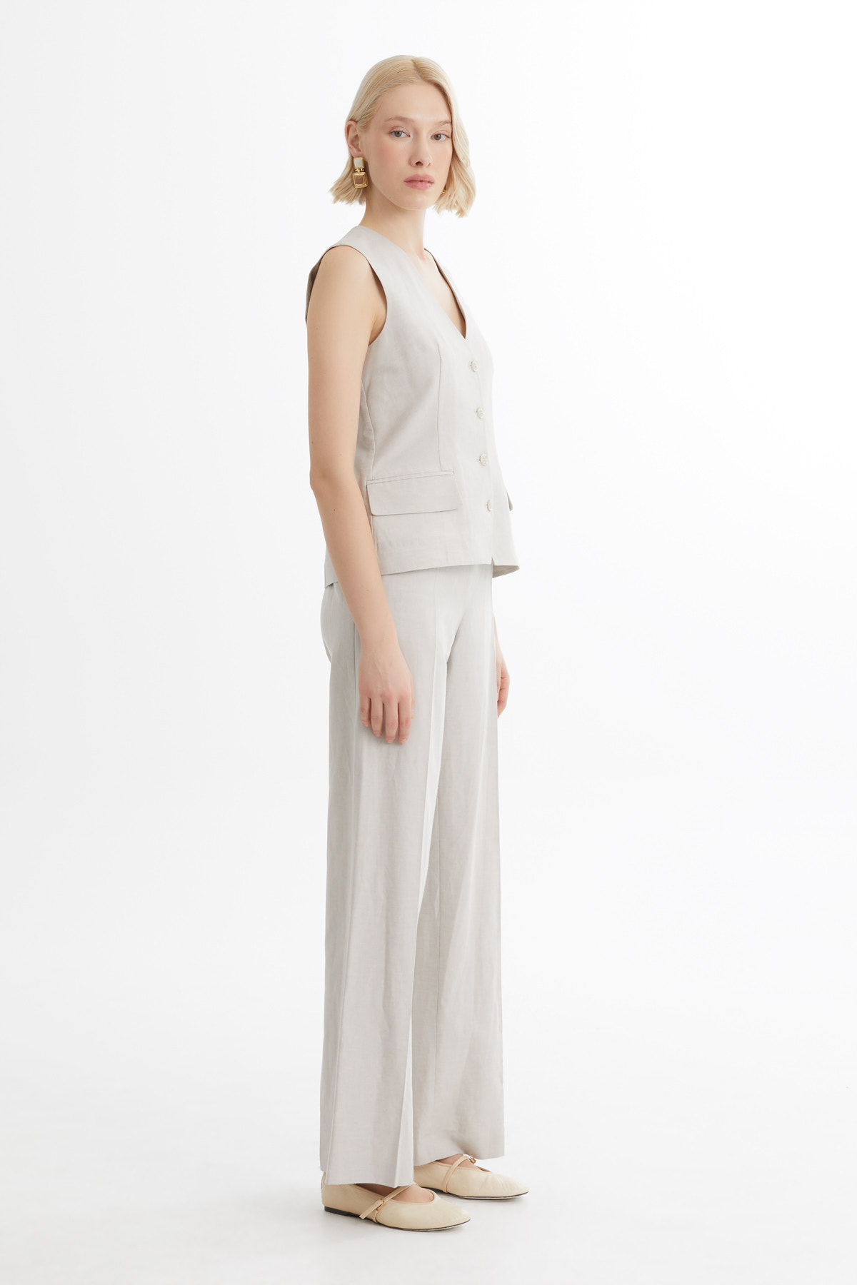 Bej Keten Karışımlı Yelek Pantolon Takım