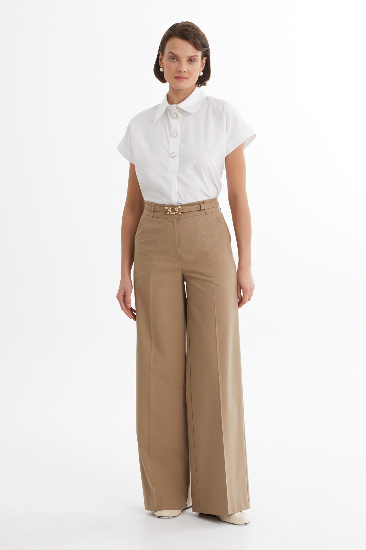 Kemer Detaylı Boru Paça Bej Pantolon