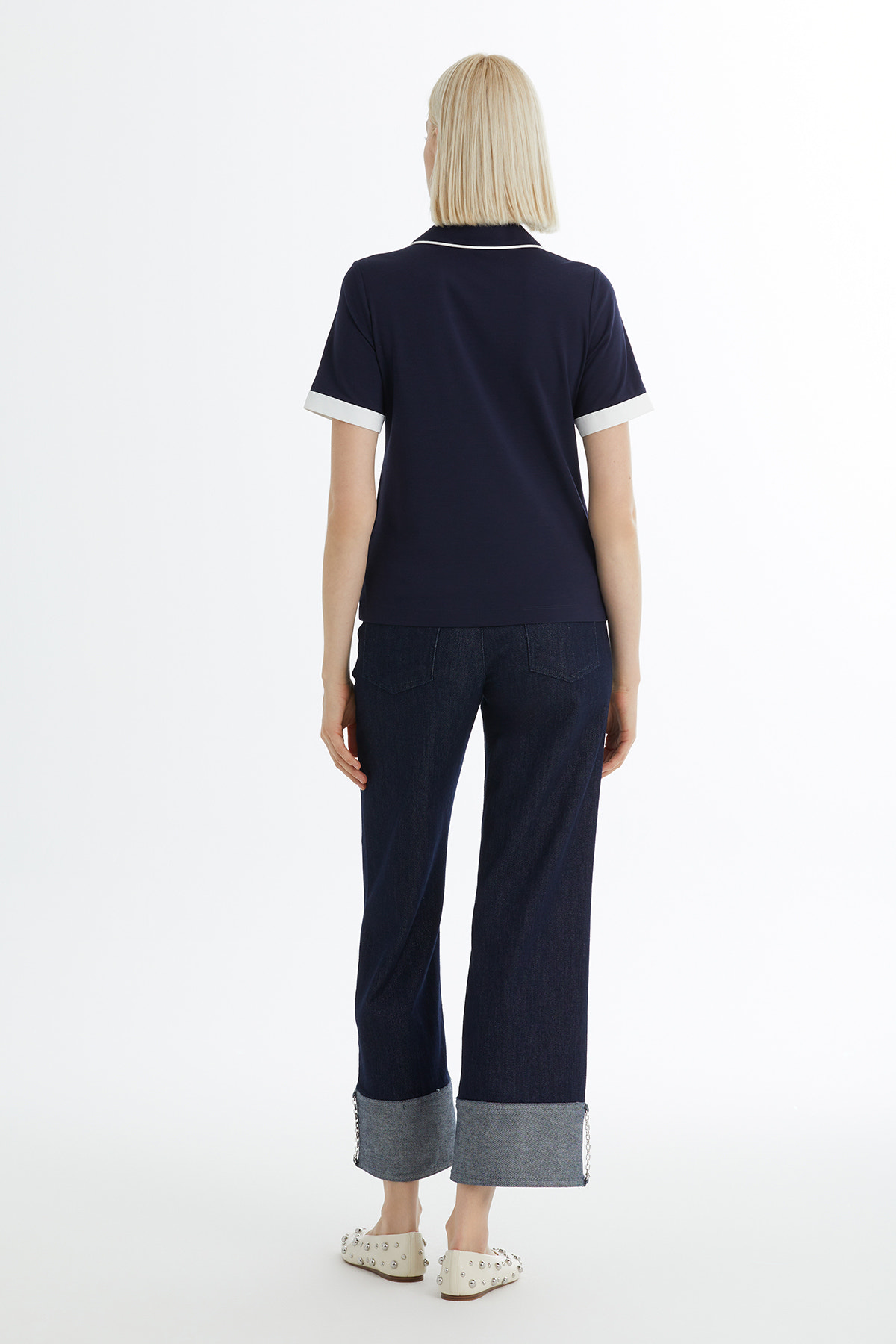 Biye Detaylı Kısa Kollu Lacivert Bluz