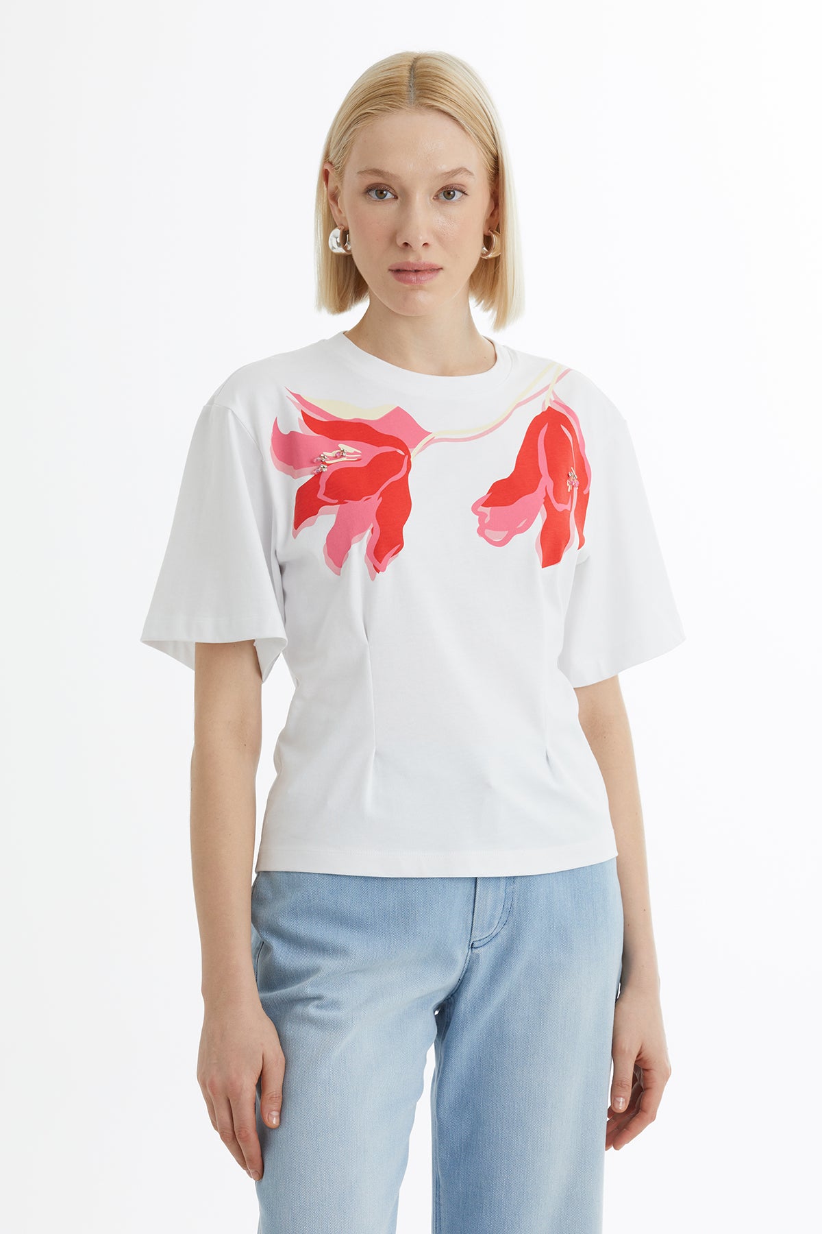 Baskı Ve İşlemeli Beyaz T-Shirt