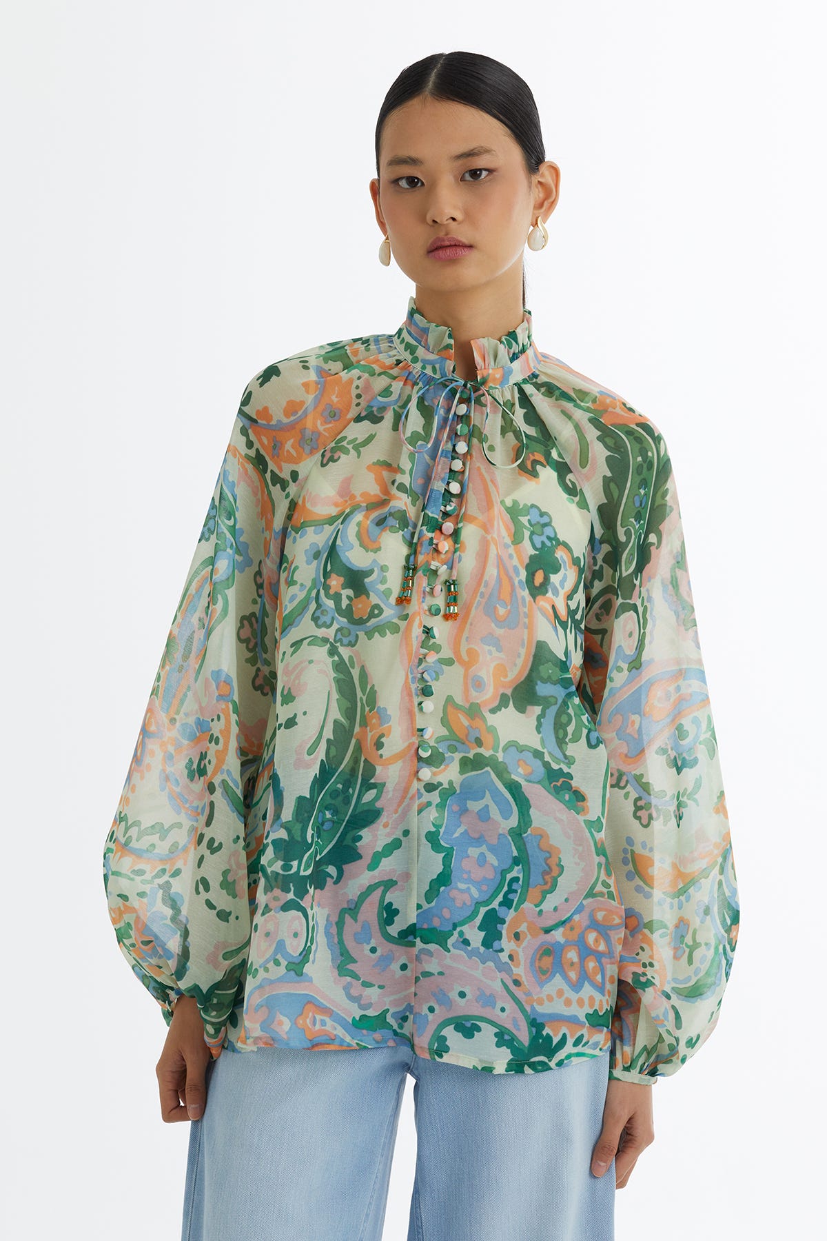 Fırfır Yakalı Desenli  Bluz