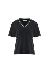 Yakası İşleme Taş Detaylı Siyah T-Shirt
