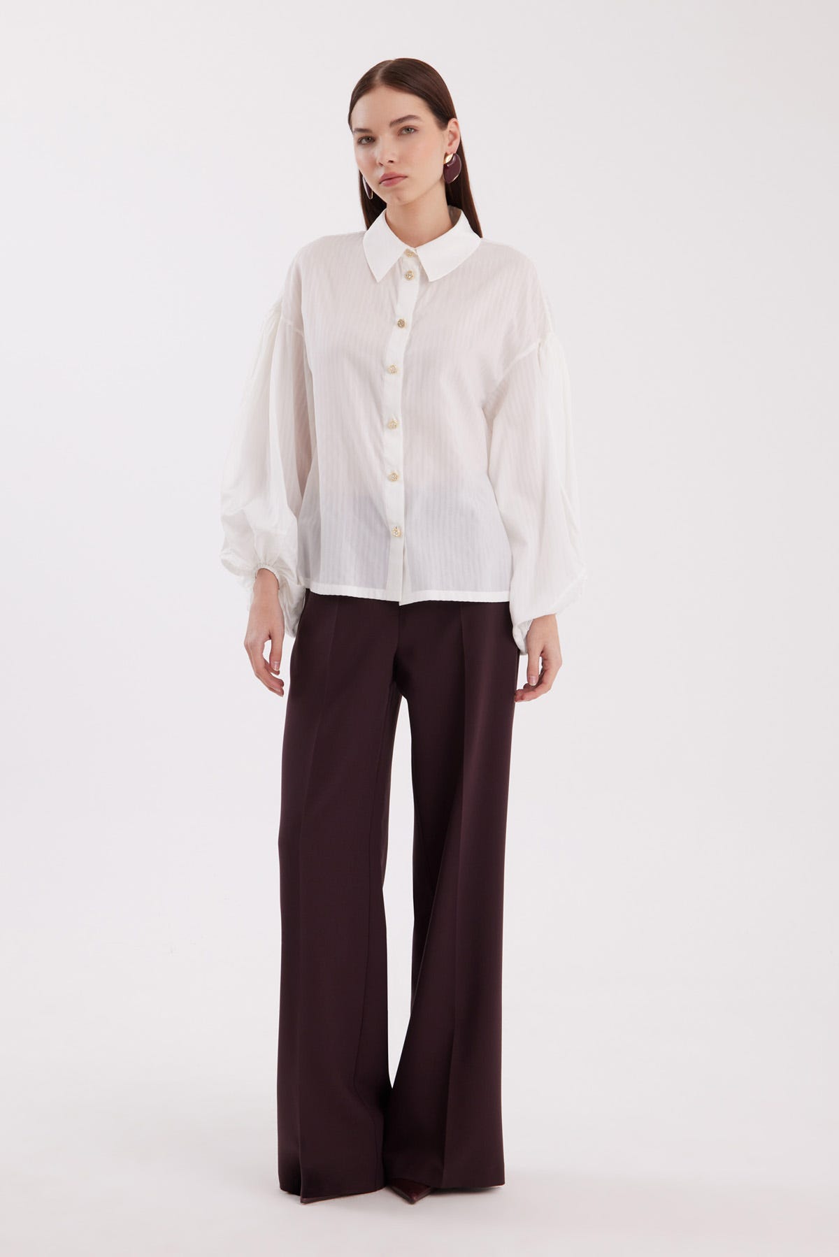 Balon Kollu Çizgili Beyaz Gömlek