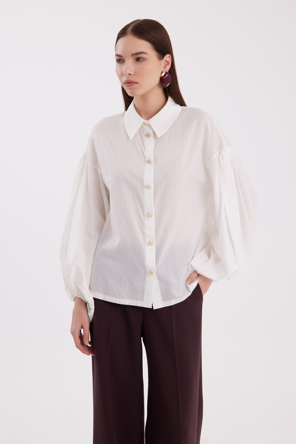 Balon Kollu Çizgili Beyaz Gömlek