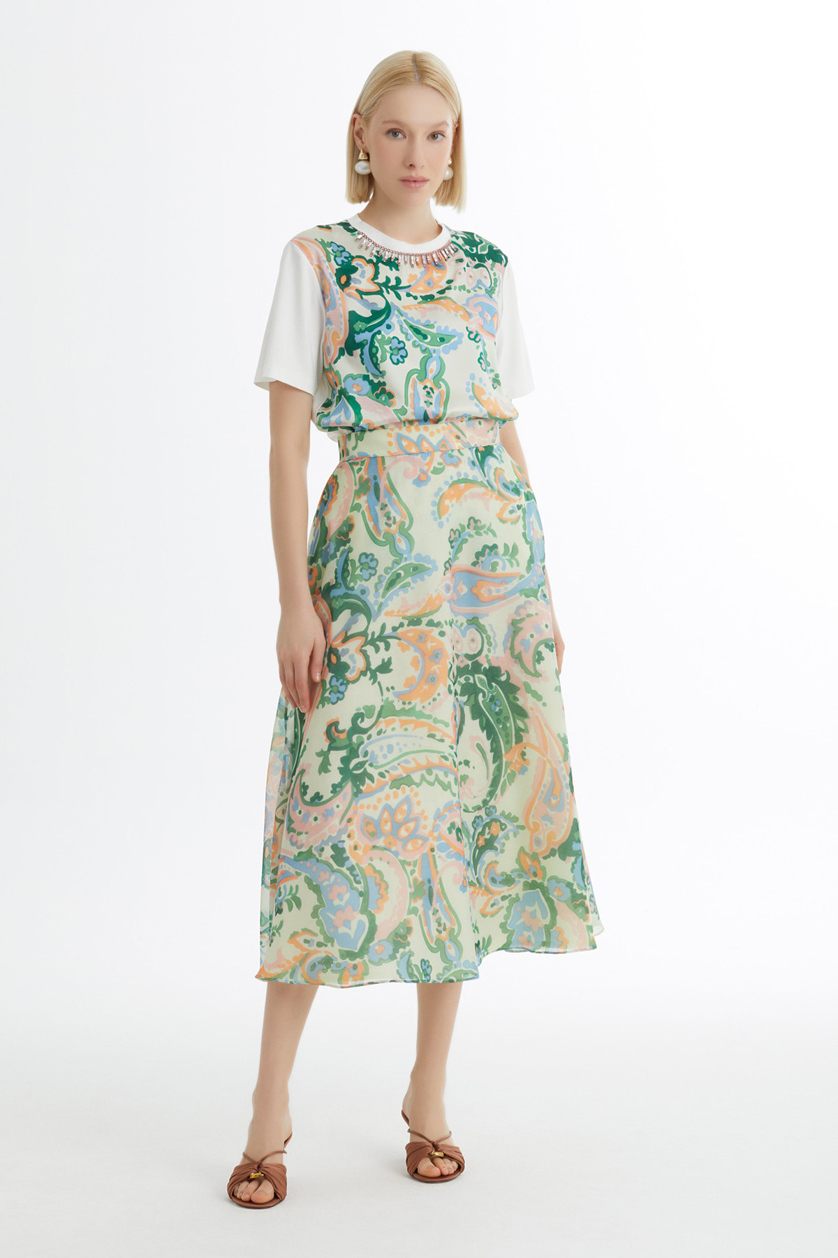 Volanlı Desenli Midi Etek