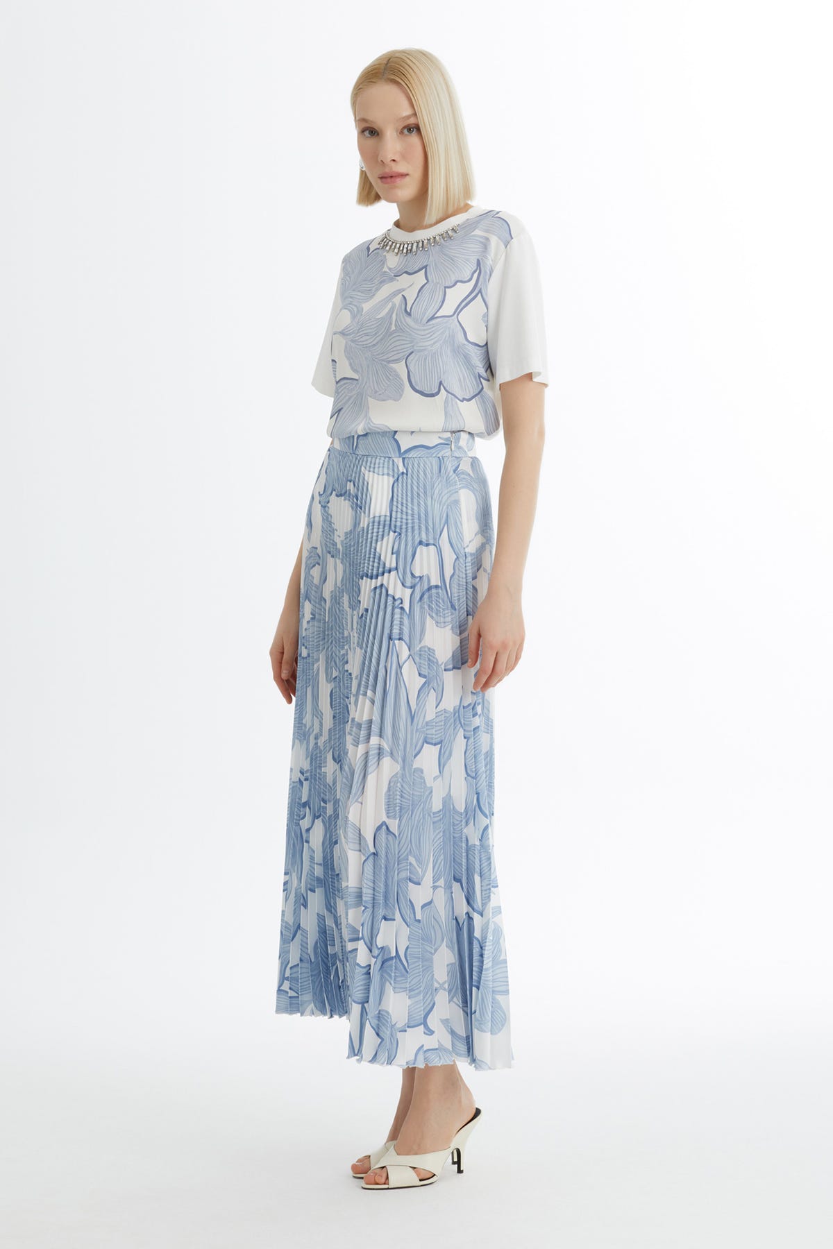 Pliseli Desenli Mavi Etek