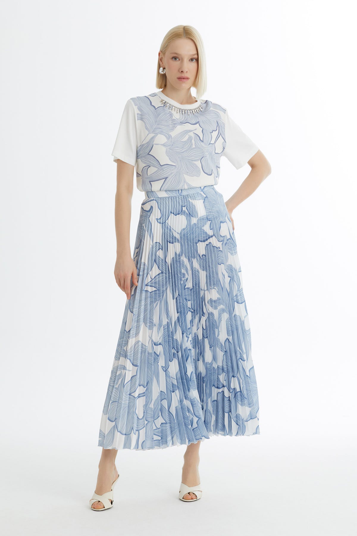 Pliseli Desenli Mavi Etek