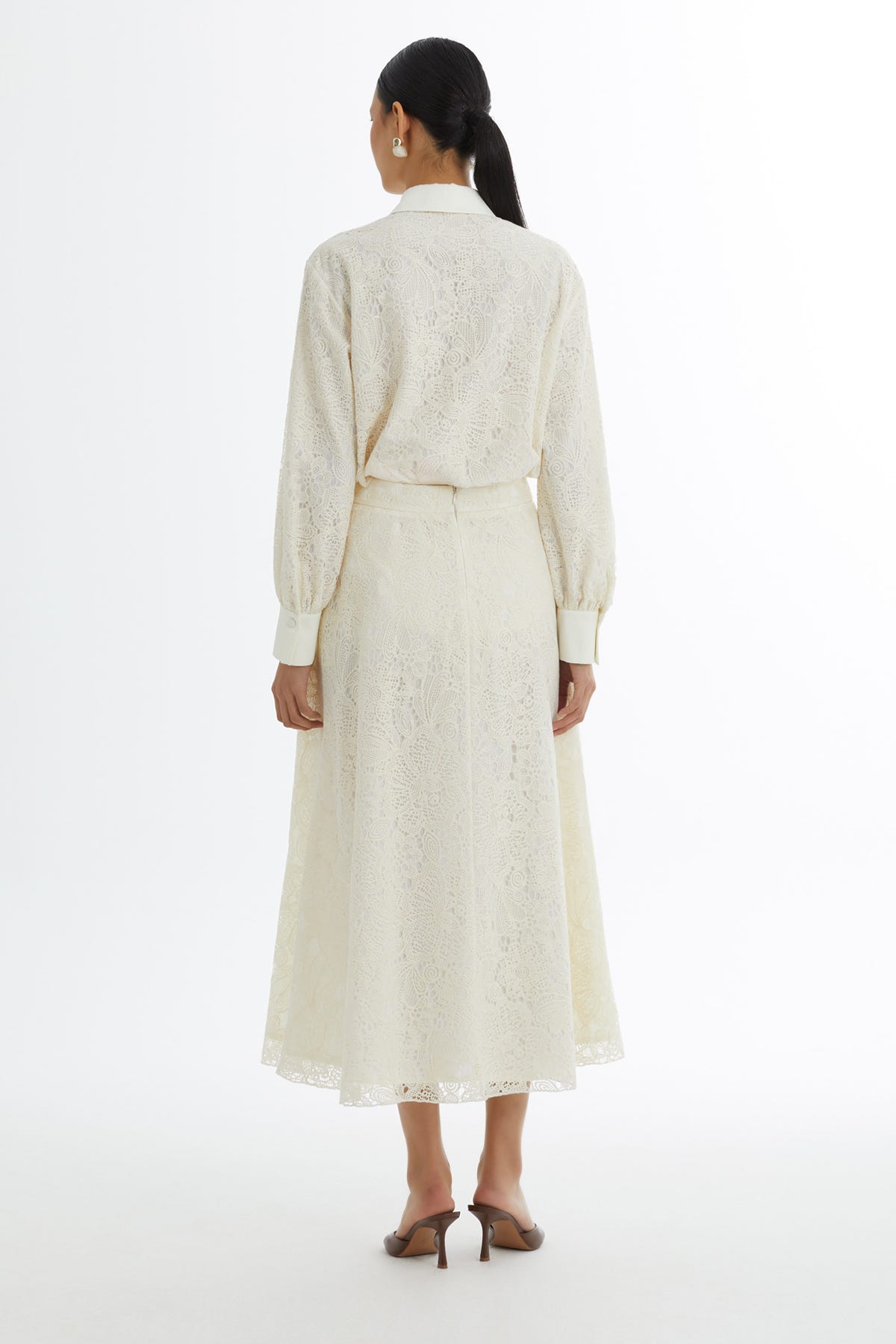 Desenli Volanlı Ekru Etek