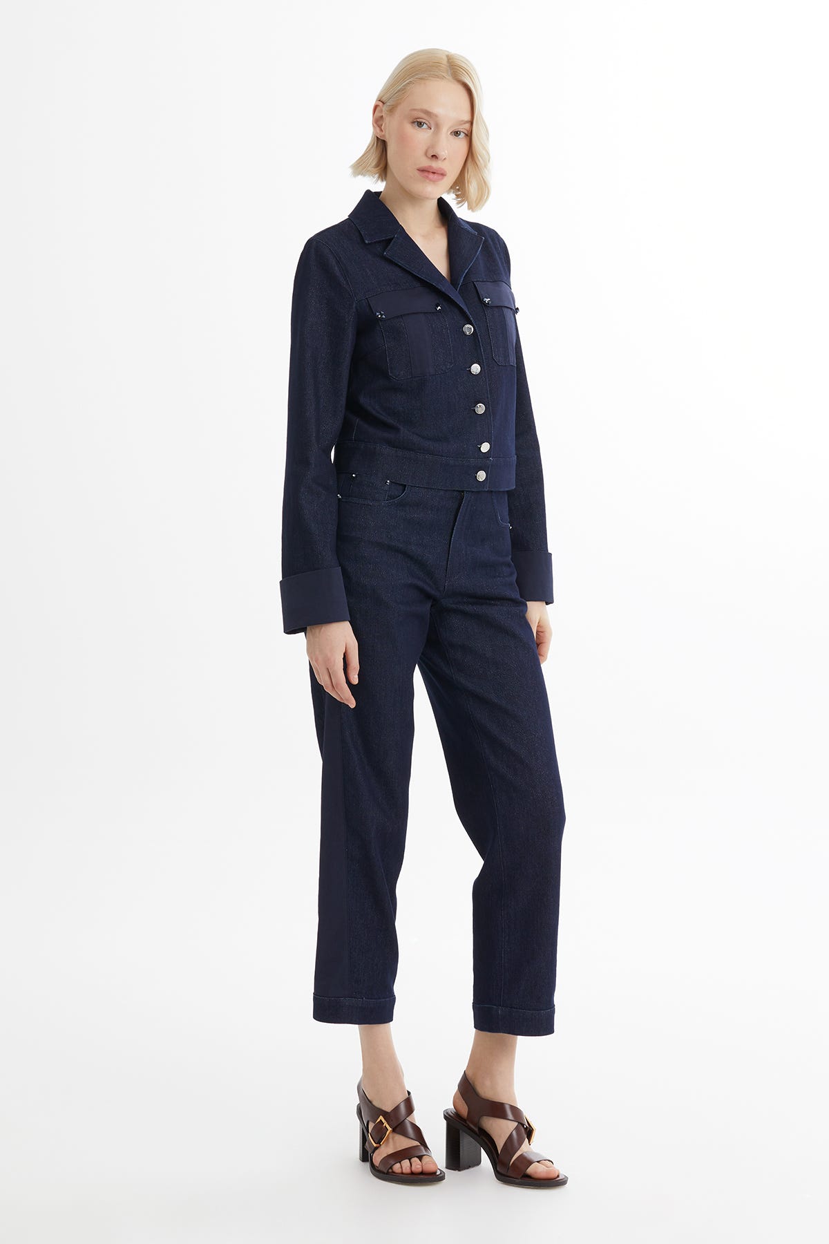 İşleme Detaylı Lacivert Jean Ceket