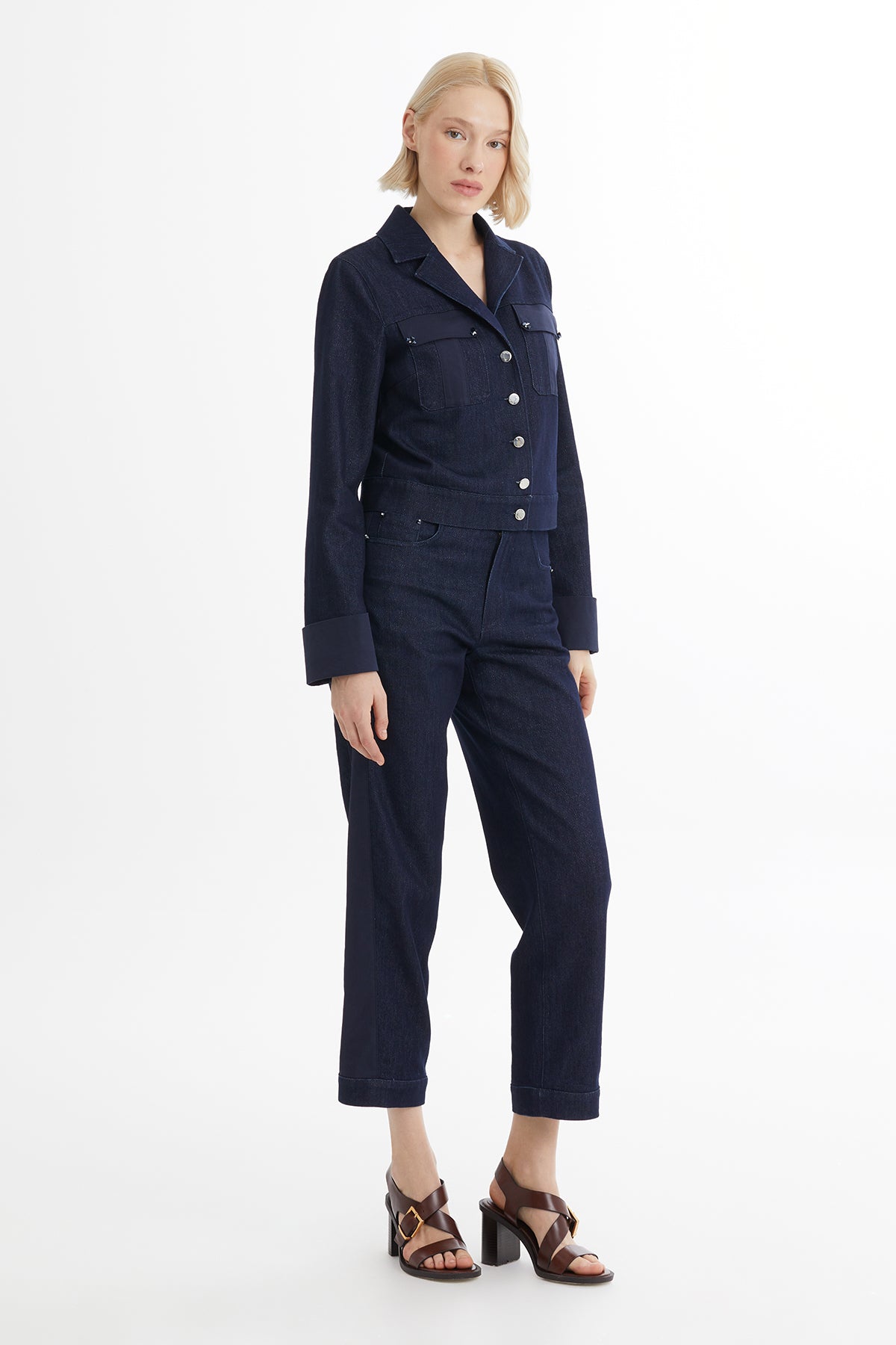 İşleme Detaylı Lacivert Jean Ceket