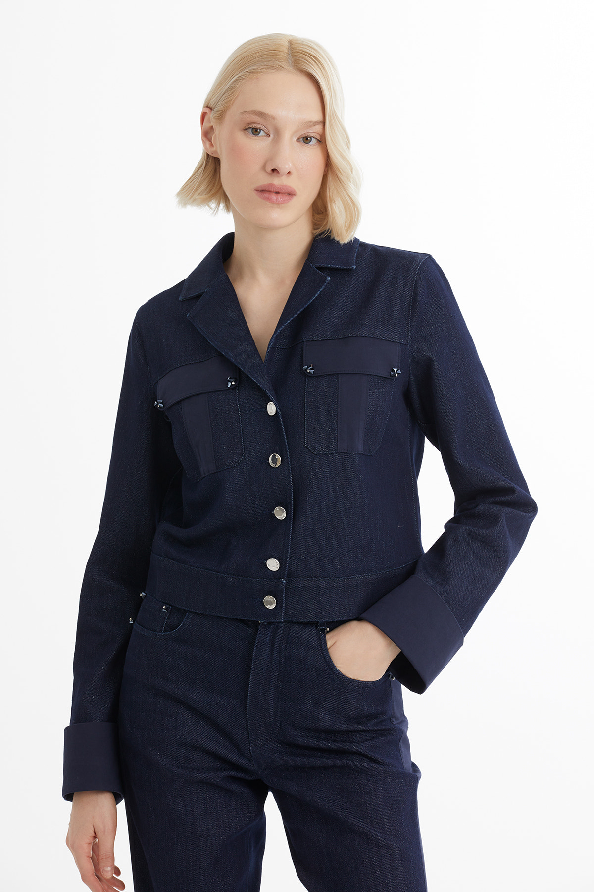 İşleme Detaylı Lacivert Jean Ceket