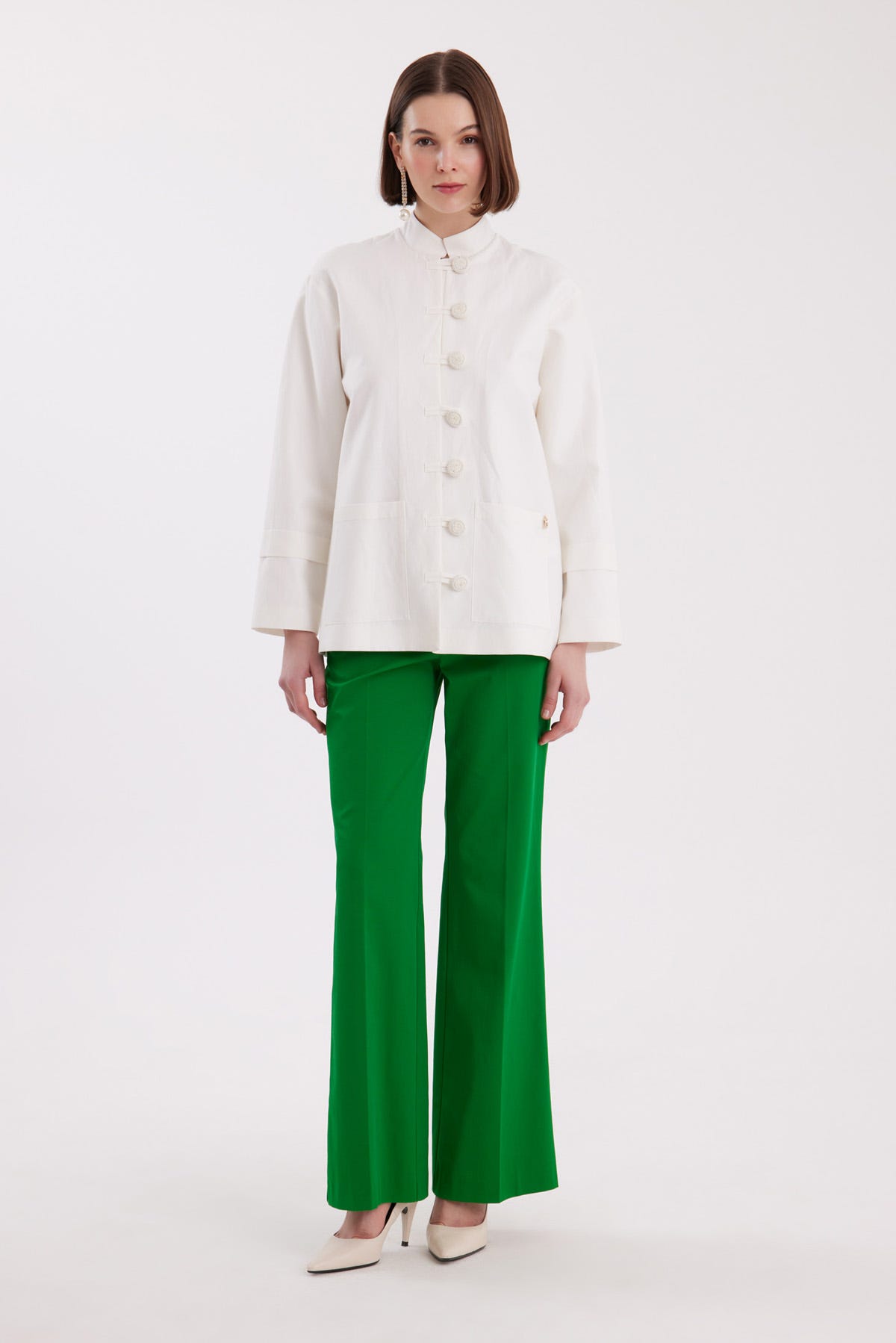 Mandarin Yaka El Yapımı Ekru Ceket