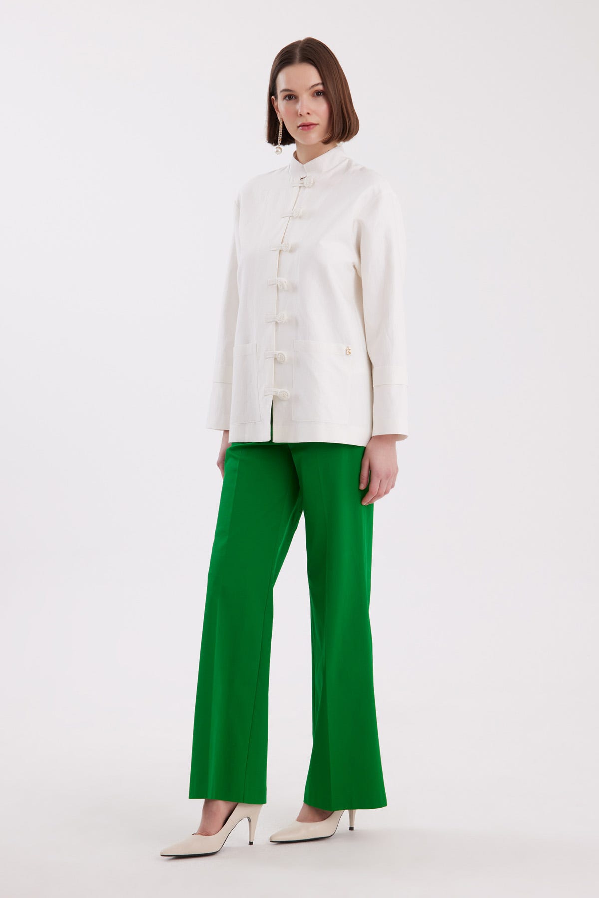 Mandarin Yaka El Yapımı Ekru Ceket